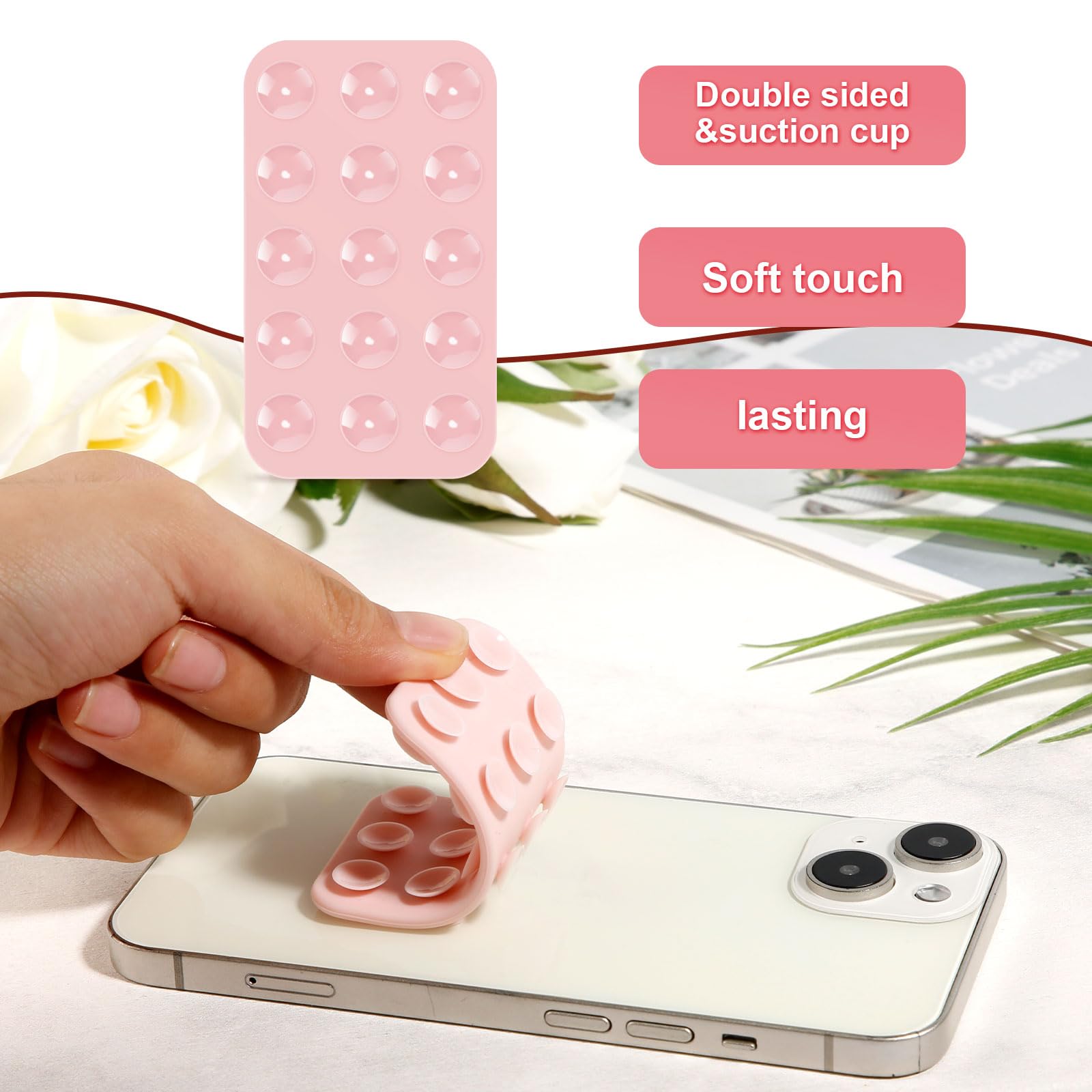 Sticky Silicone Suction Cup Phone Mount - Double Sided Phone Holder for Shower, Mirror, Car & Selfies - Universal Phone Grip Case (Light Pink) - Perfect for Hands-Free Use While Driving, Working Out or Video Calling