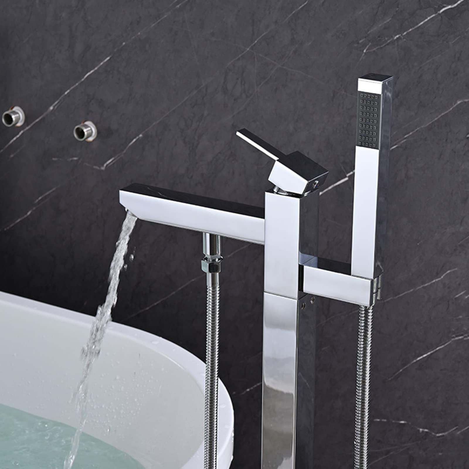 Freestanding Square Floor Mount Bathtub Faucet with Handheld Shower - Single Handle Bath Shower Faucet in 304 Stainless Steel & Chrome Finish, 360° Swivel Spout - Perfect for Modern Bathroom & Spa Retreats