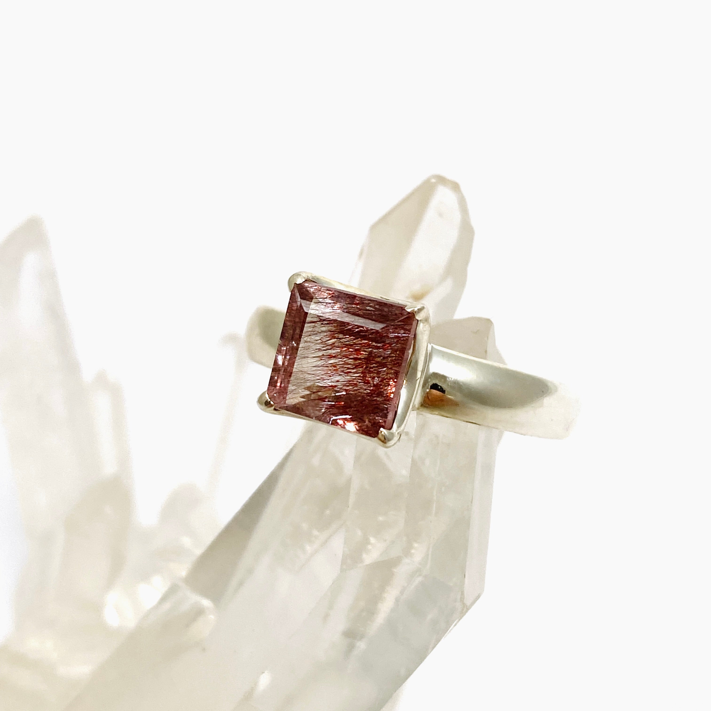 Lepidicrocite in Quartz - Square Faceted Ring Size 7.5 - Natural Inclusion Quartz Jewelry - Perfect for Boho Fashion & Crystal Healing