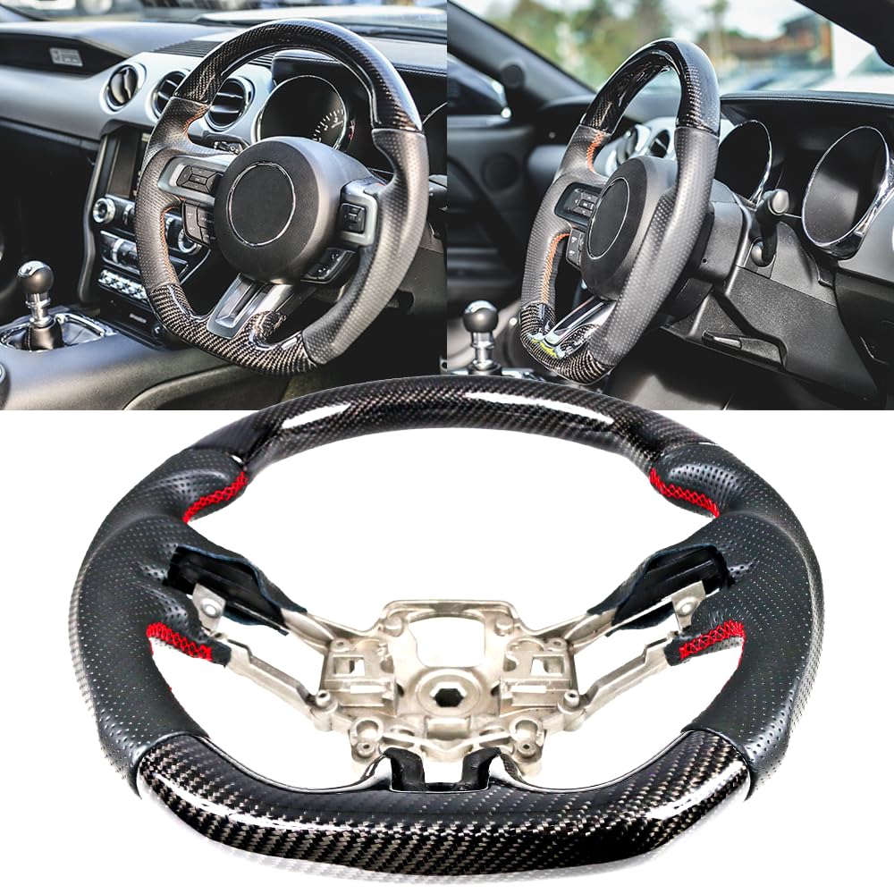 IKON MOTORSPORTS Carbon Fiber Steering Wheel for 2018-2023 Ford Mustang - Black CF Wheel with Genuine Leather & Red Stitching | Upgrade Your Mustang Interior for Racing & Daily Driving