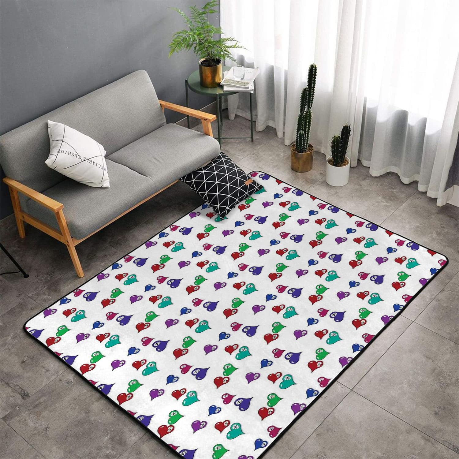 Modern Skull Print Area Rug with Colorful Hearts - 59x71 Inch Non-Slip Bohemian Decor Rug for Living Room, Bedroom & Dorm - Gothic Home Decor, Teen Room Aesthetic