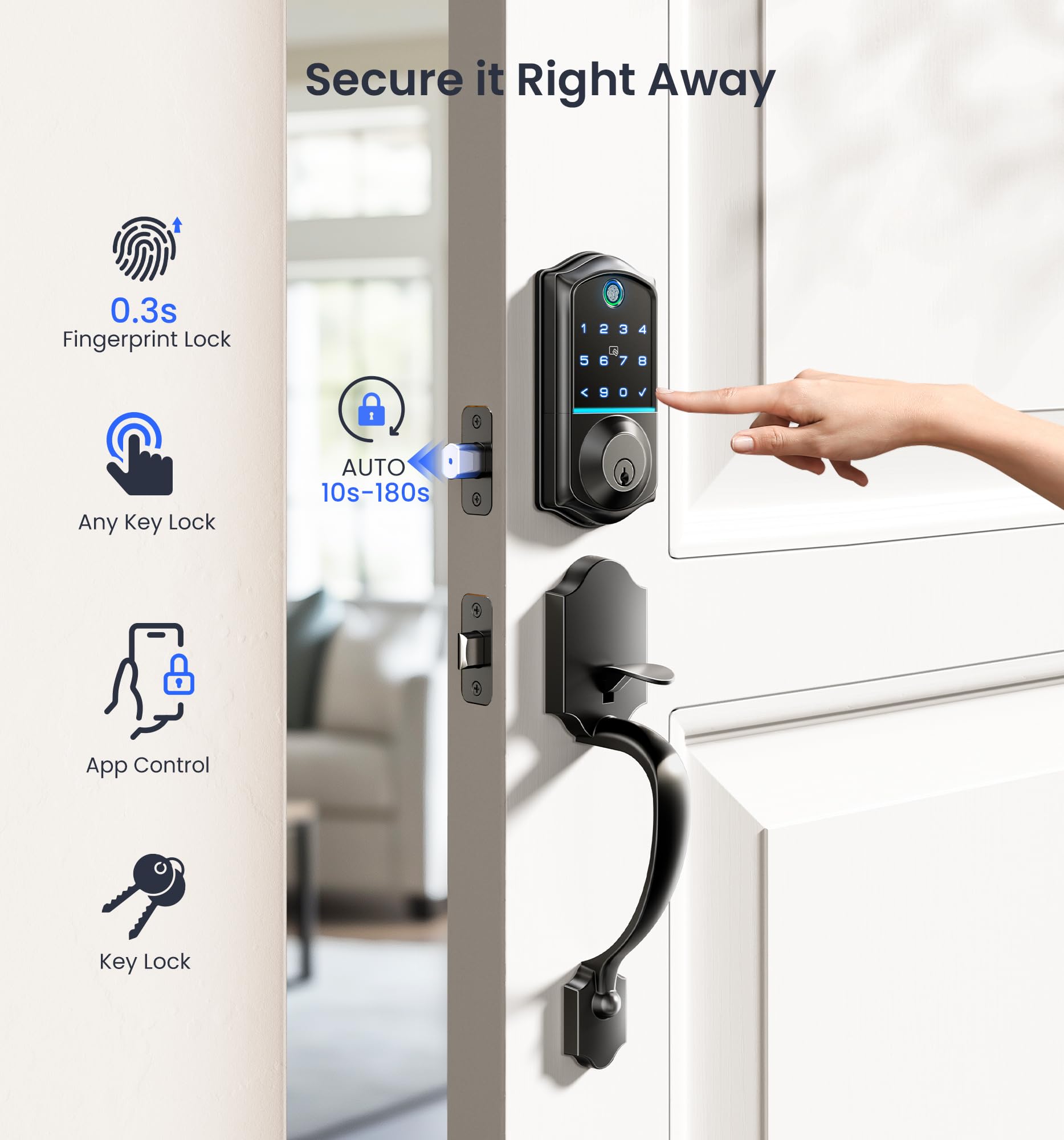 Veise Smart Front Door Lock with Fingerprint, Keyless Entry & App Control - Auto Locking, Digital Touchscreen Keypad, Emergency Power Port - Easy Install Matte Black for Home Security & Smart Access