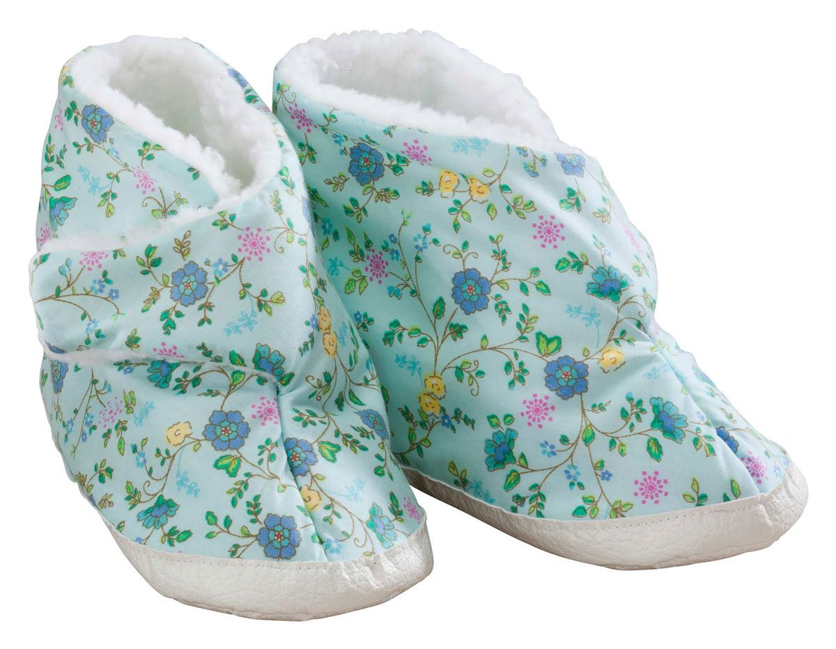 Women's Shearling Slippers for Edema Relief - Large Size Blue Floral Boots - Comfortable House Shoes for Swollen Feet, Post-Surgery & Pregnancy Use at Home