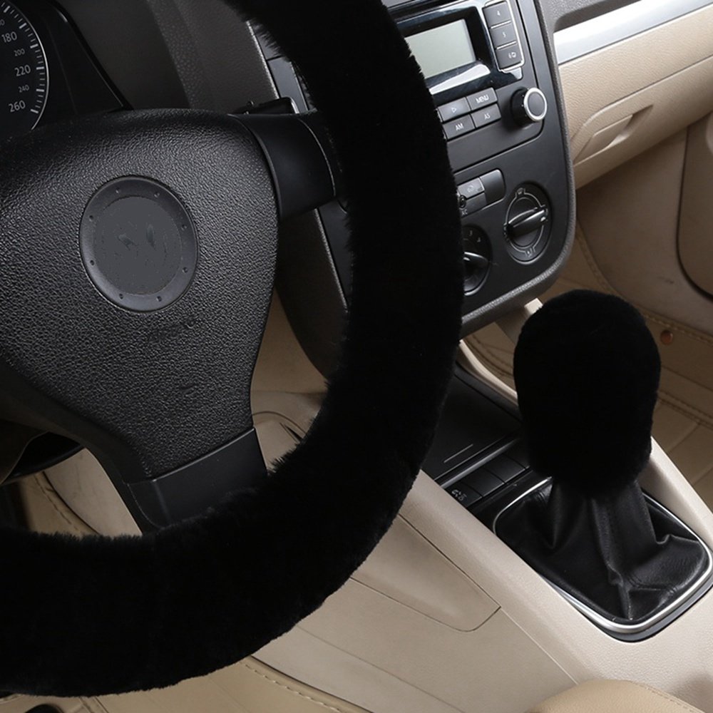 Dotesy Genuine Sheepskin Steering Wheel Cover Set - 3 Piece Auto Accessories with Gear Shift Knob Cover & Handbrake Cover | Universal Fit for 15 Inch Wheels | Premium Australian Wool | Black | Perfect for Winter Driving, Luxury Car Interior Upgrade & Comfort Enhancement