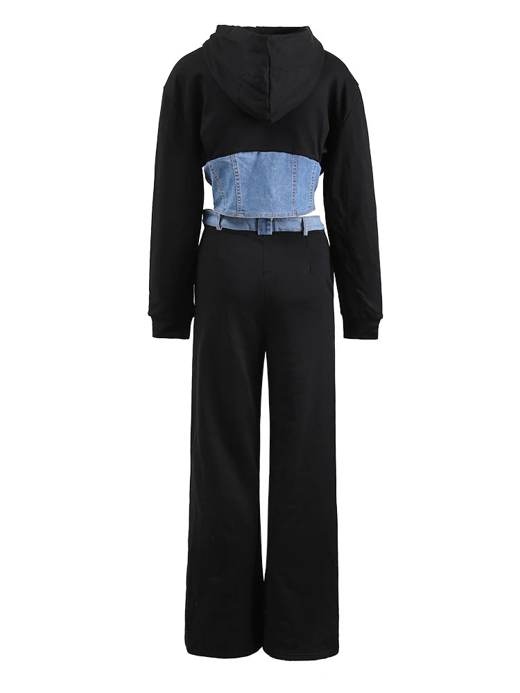 Stylish Black Denim Jacket & Wide Leg Pants Two-Piece Suit Set for Women - Hooded Long Sleeve Fashion Outfit | Perfect for Spring & Fall 2025 | CPDB013 | Office Wear, Casual Outings & Date Nights