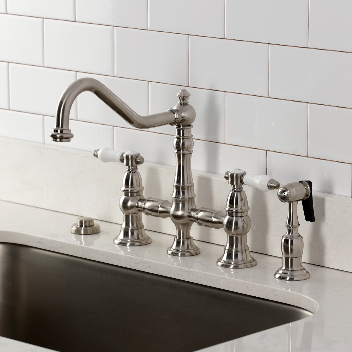 Bel Air KS3278BPLBS Brushed Nickel 2-Handle 4-Hole Deck Mount Bridge Kitchen Faucet with Brass Side Sprayer - Perfect for Farmhouse & Vintage Style Kitchens
