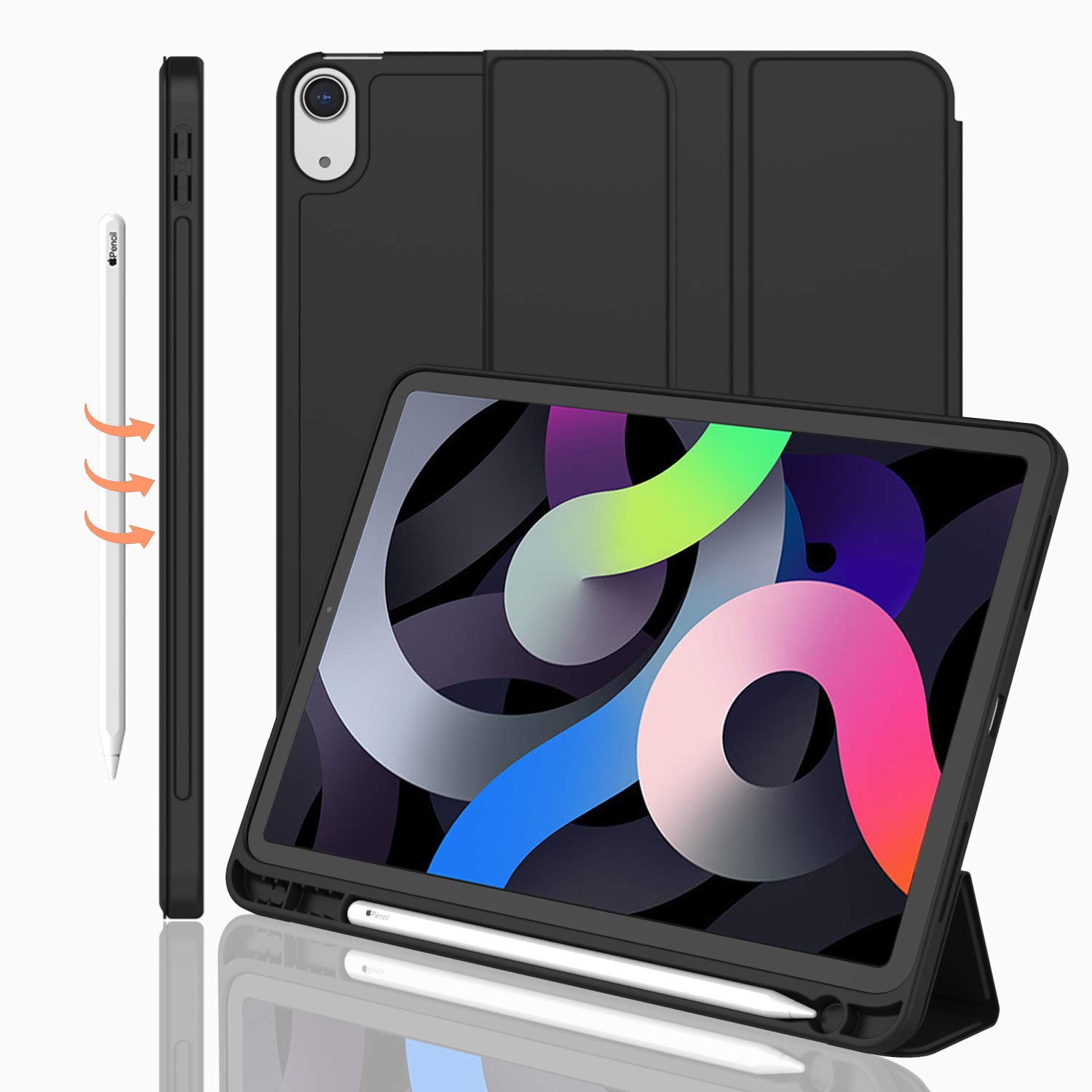 iMieet iPad Air 5th/4th Generation Case 10.9 Inch (2022/2020 Model) - Trifold Stand Smart Cover with Pencil Holder, Supports Touch ID & Apple Pencil 2 Charging | Perfect for Work, Study & Travel (Black)
