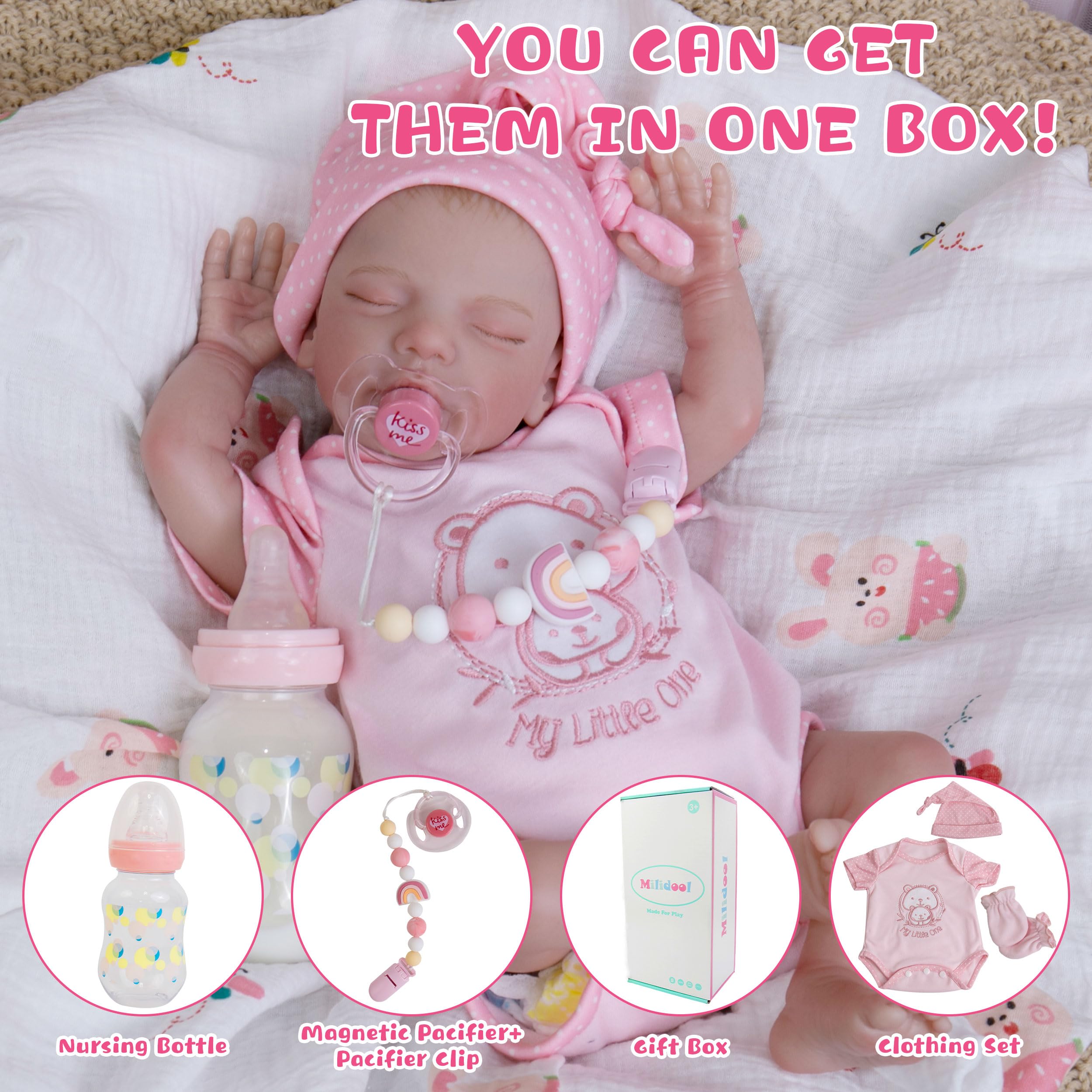 Milidool 18-Inch Realistic Reborn Baby Doll - Lifelike Sleeping Girl with Cute Smile & Accessories | Perfect Gift for Kids Age 3+ | Great for Role Play, Collecting & Therapy