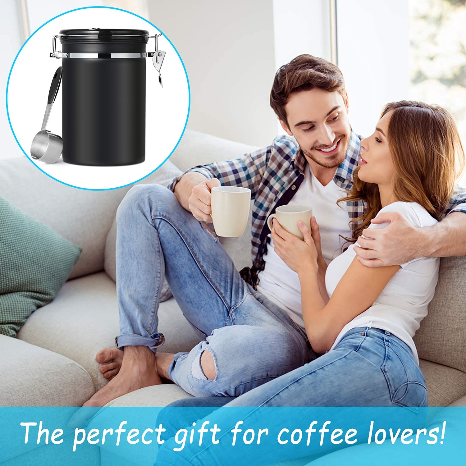Stainless Steel Airtight Coffee Canister with Date Tracker & Scoop - 22 oz Black Coffee Storage Container for Grounds & Beans - Perfect for Kitchen, Pantry & Office Use