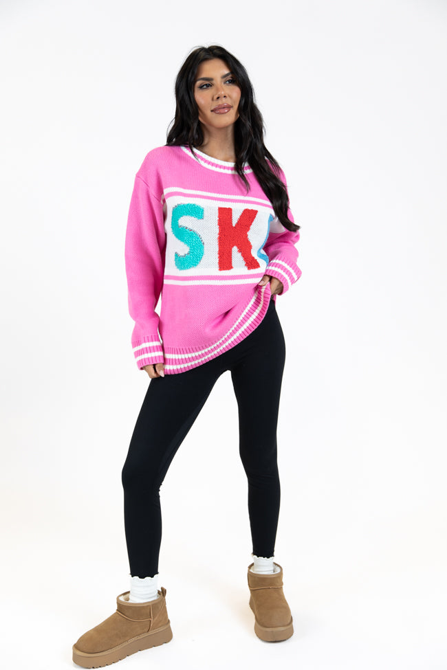 Pink Varsity Ski Sweater for Women - Cozy Winter Pullover - Perfect for Skiing, Snowboarding & Casual Wear