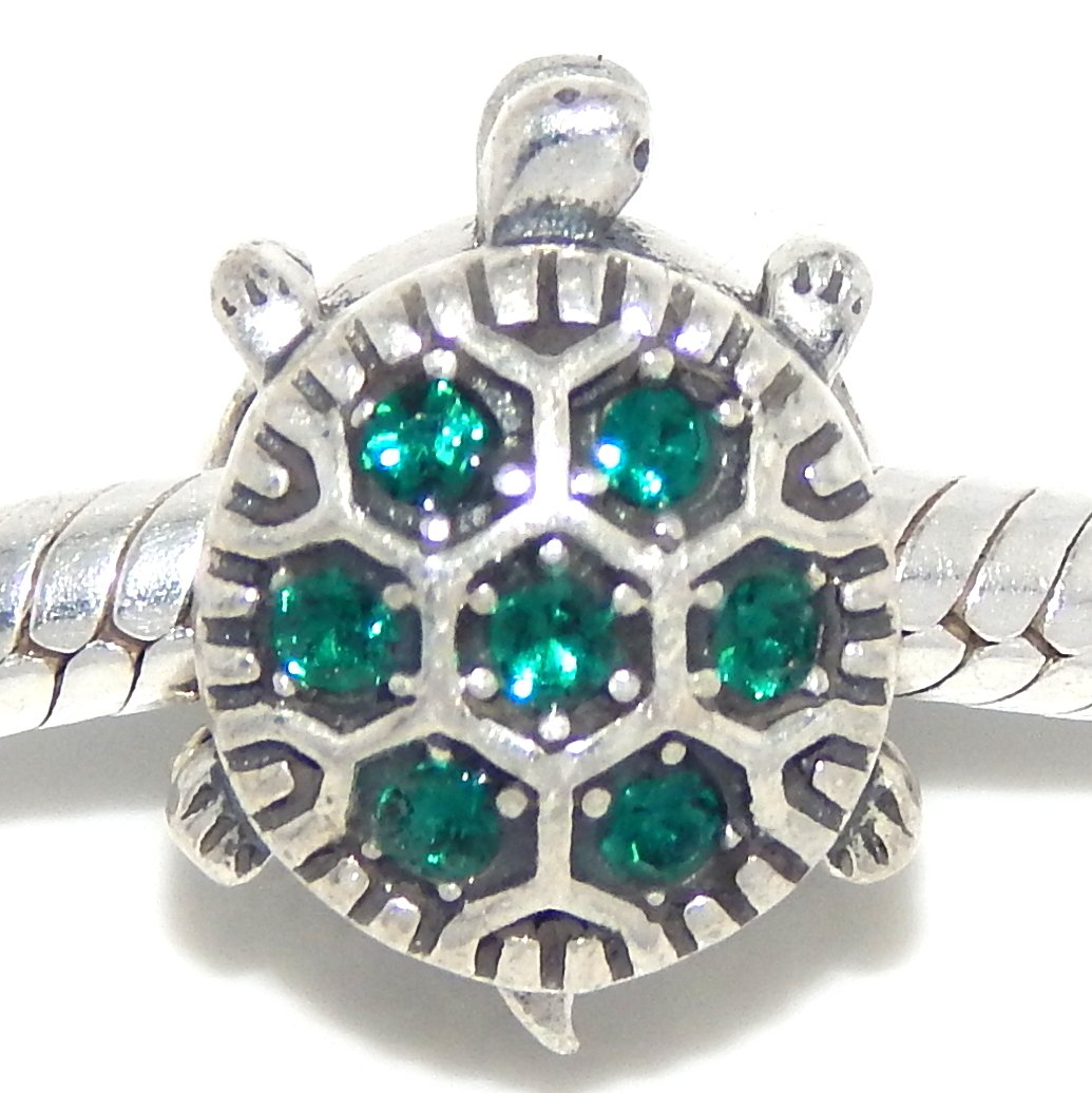 925 Sterling Silver Turtle Charm Bead with Green Crystals for Jewelry Making