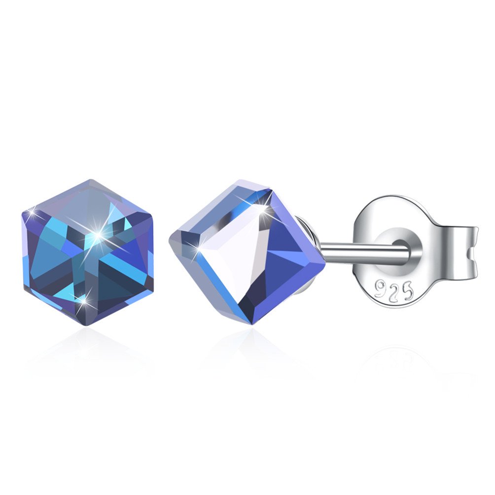 Vanessa 925 Sterling Silver Stud Earrings with 4mm Swarovski Aurora Borealis Crystal Cubes | Hypoallergenic Fine Jewelry for Women | Perfect for Everyday Wear, Gift Giving & Special Occasions