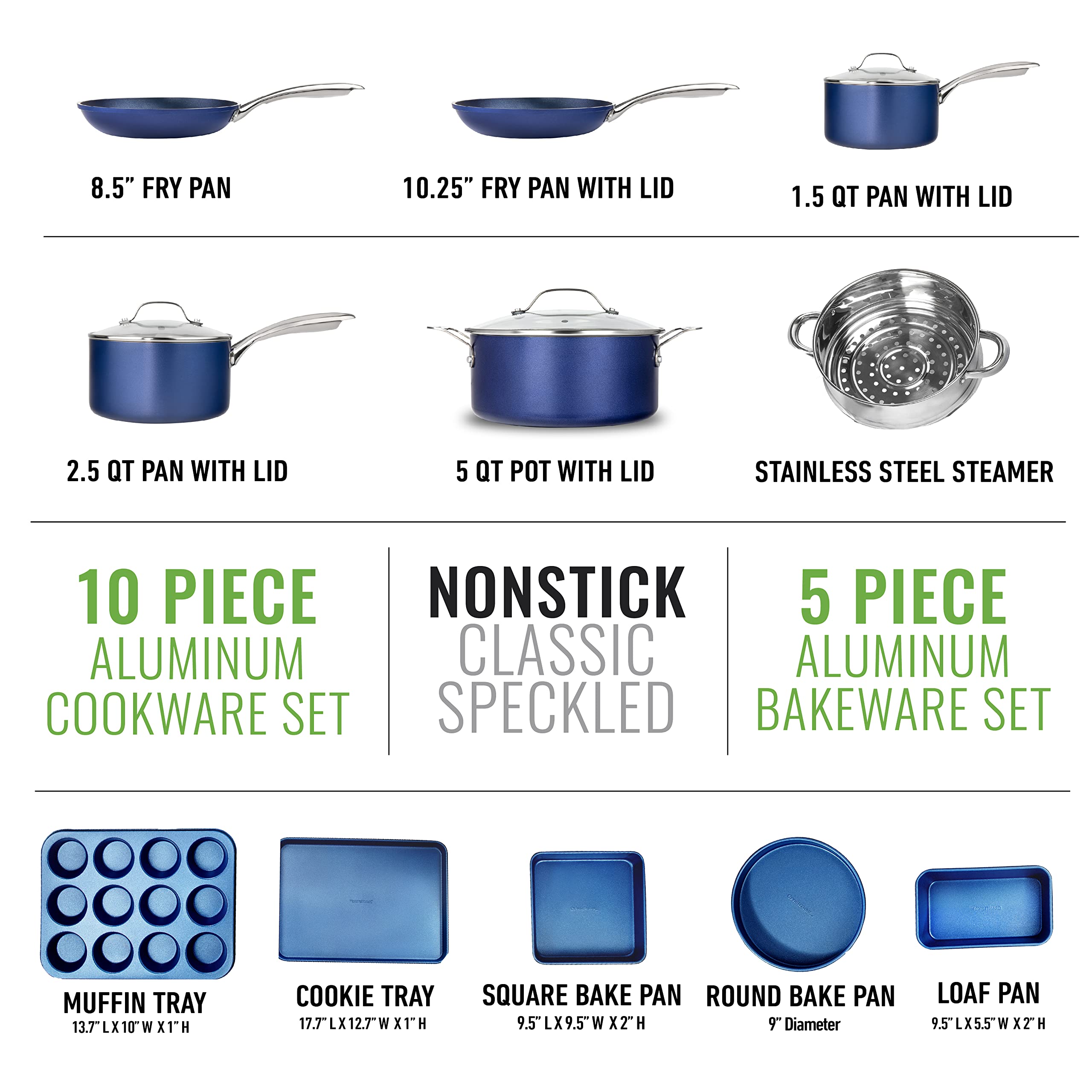 Granitestone 15-Piece Nonstick Cookware Set - Diamond Coated Pots and Pans, Dishwasher Safe, Blue - Perfect for Home Cooking, Baking & Entertaining