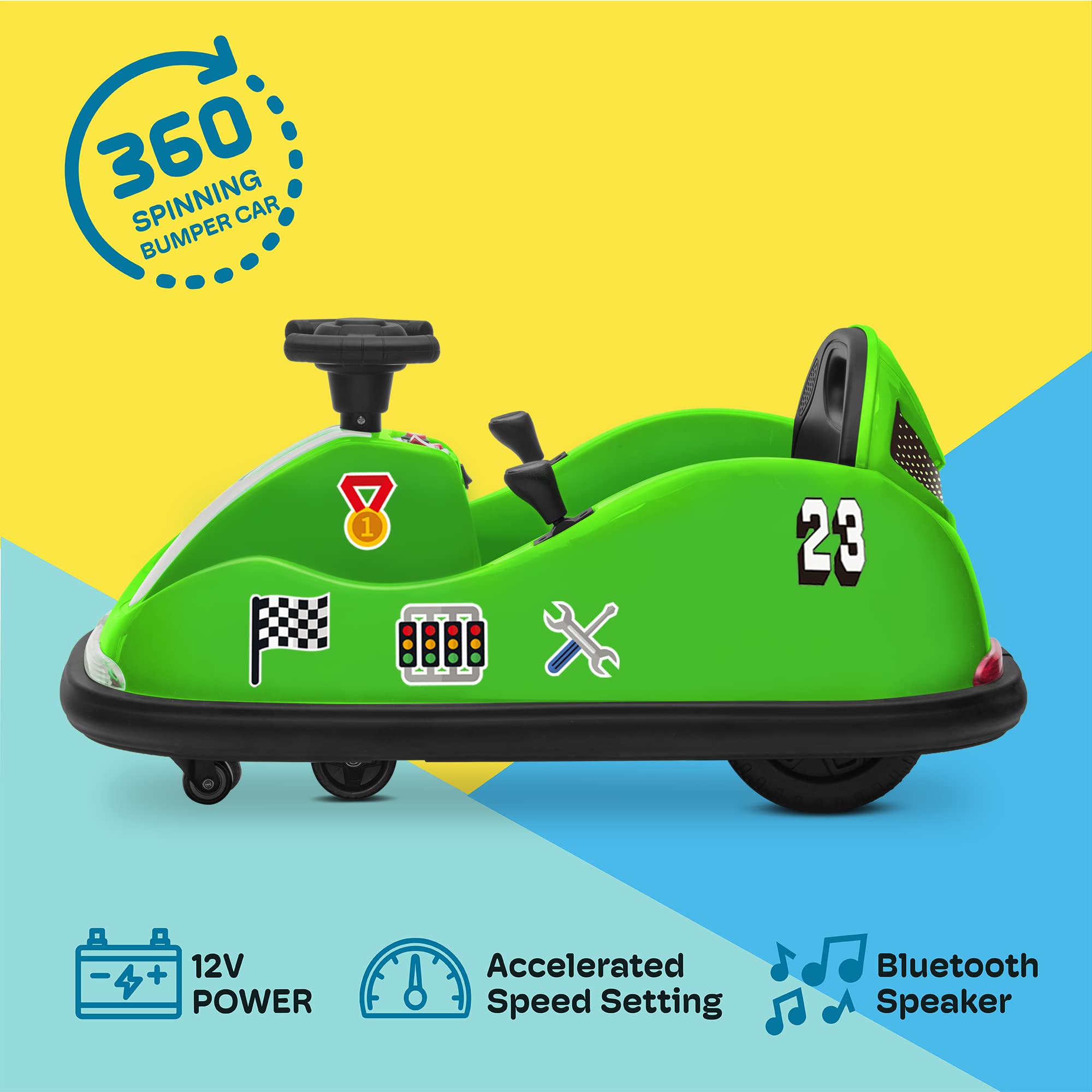 Kidzone 12V Ride On Bumper Car for Kids 1.5-6 Years - 2 Driving Modes (Steering Wheel & Joystick), 360° Spin, LED Lights & Remote Control - Perfect for Indoor/Outdoor Play, Birthday Gifts & Toddler Entertainment