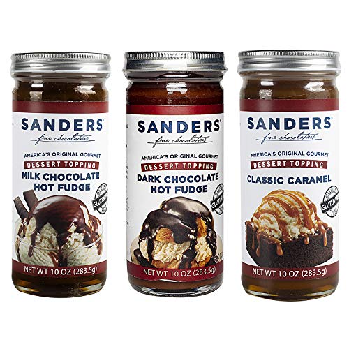 Premium Sanders Hot Fudge Sauce & Gourmet Dessert Topping Trio - 3 Pack (Milk Chocolate, Dark Chocolate, Classic Caramel) | Gluten Free, Kosher, All Natural | Perfect for Ice Cream, Pancakes & Baking Treats