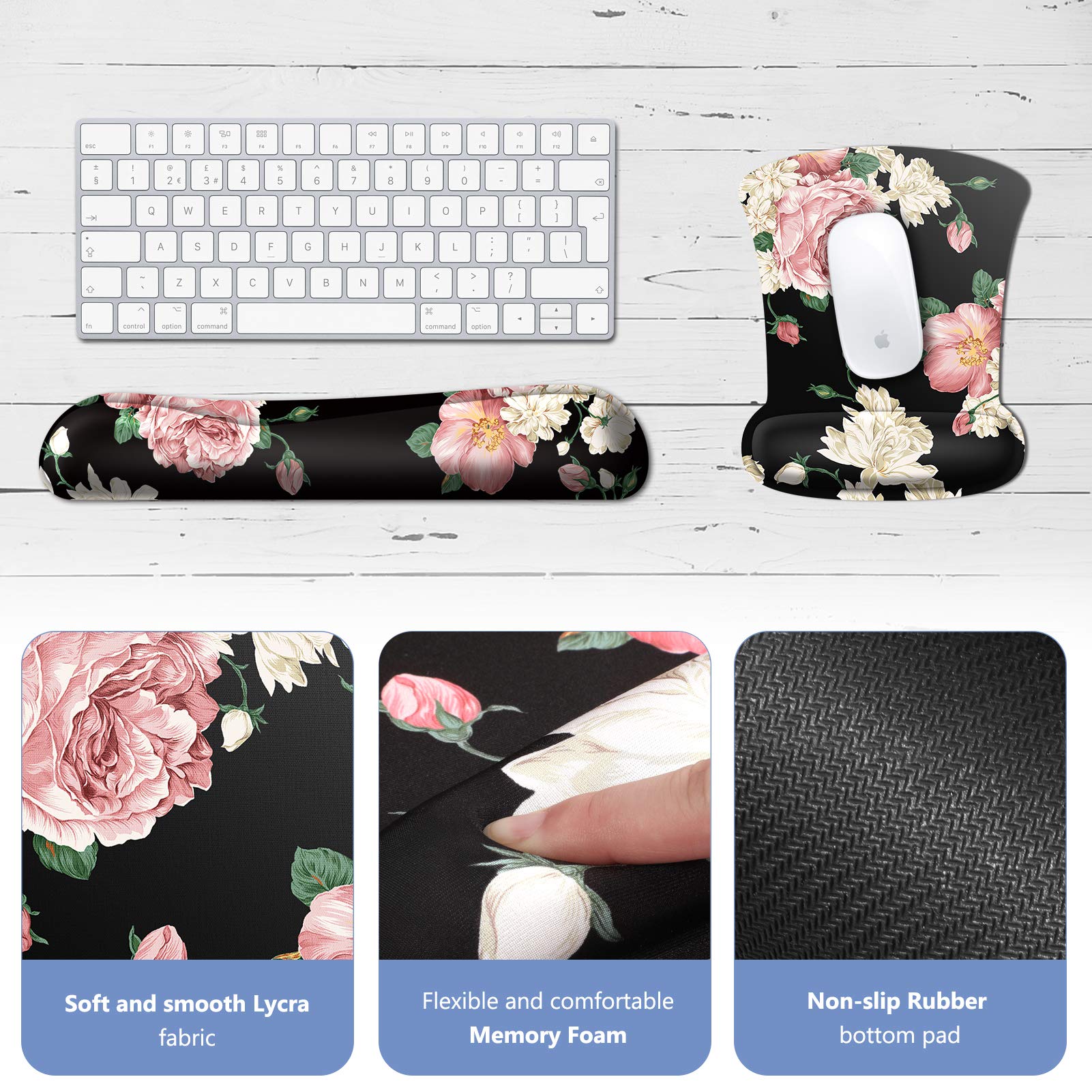 Fintie Ergonomic Mouse Pad with Memory Foam Wrist Support & Keyboard Wrist Rest - Non-Slip Rubber Base for Pain Relief, Gaming, Office & Laptop Use - Durable Comfort for Long Computer Sessions (Flower Festival Design)