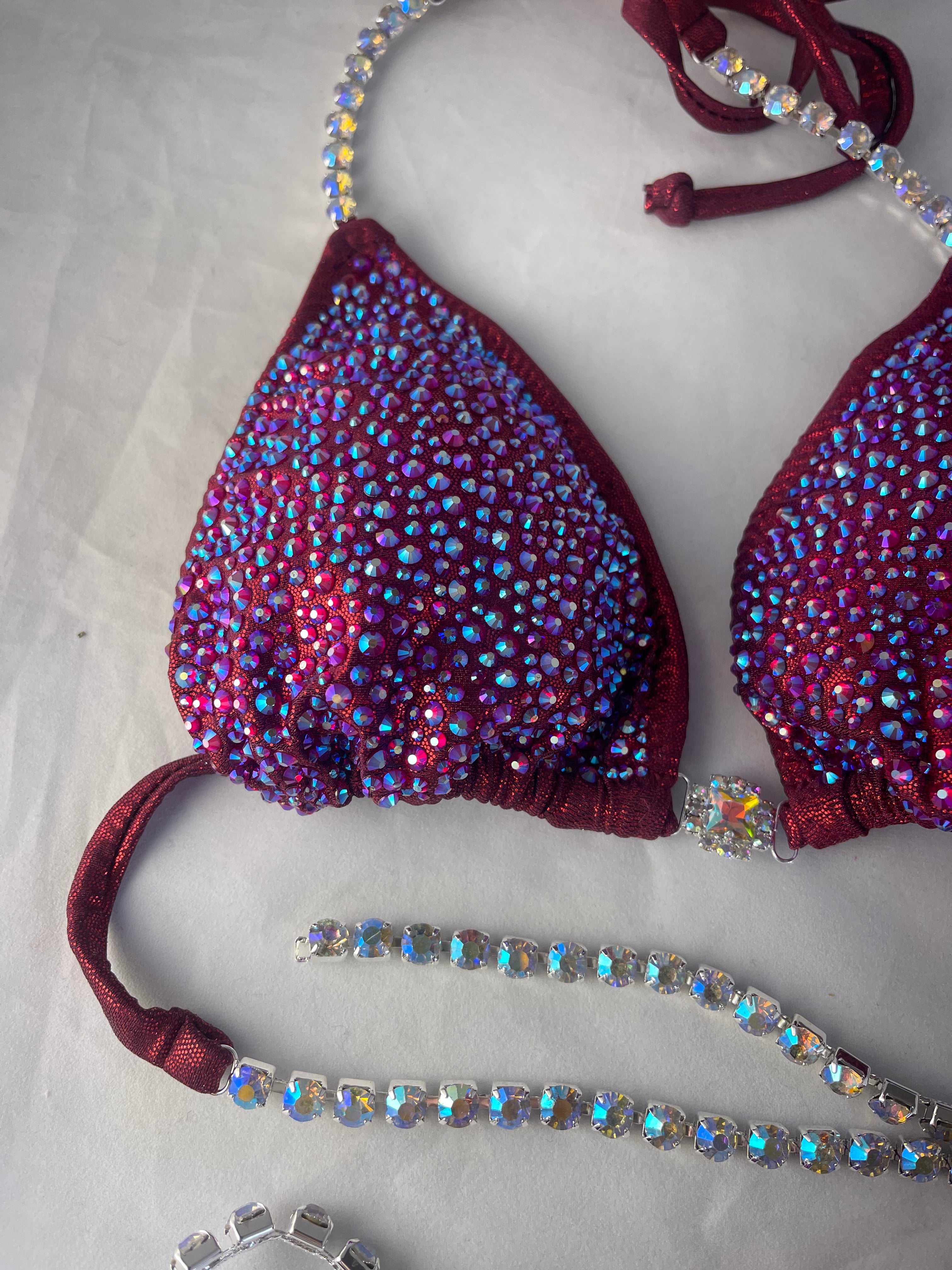 Burgundy Dark Red Maroon Bikini with Multi-Colored Rhinestone Design | Shimmering Swimsuit for Beach, Pool Party & Vacation | Statement Women's Swimwear