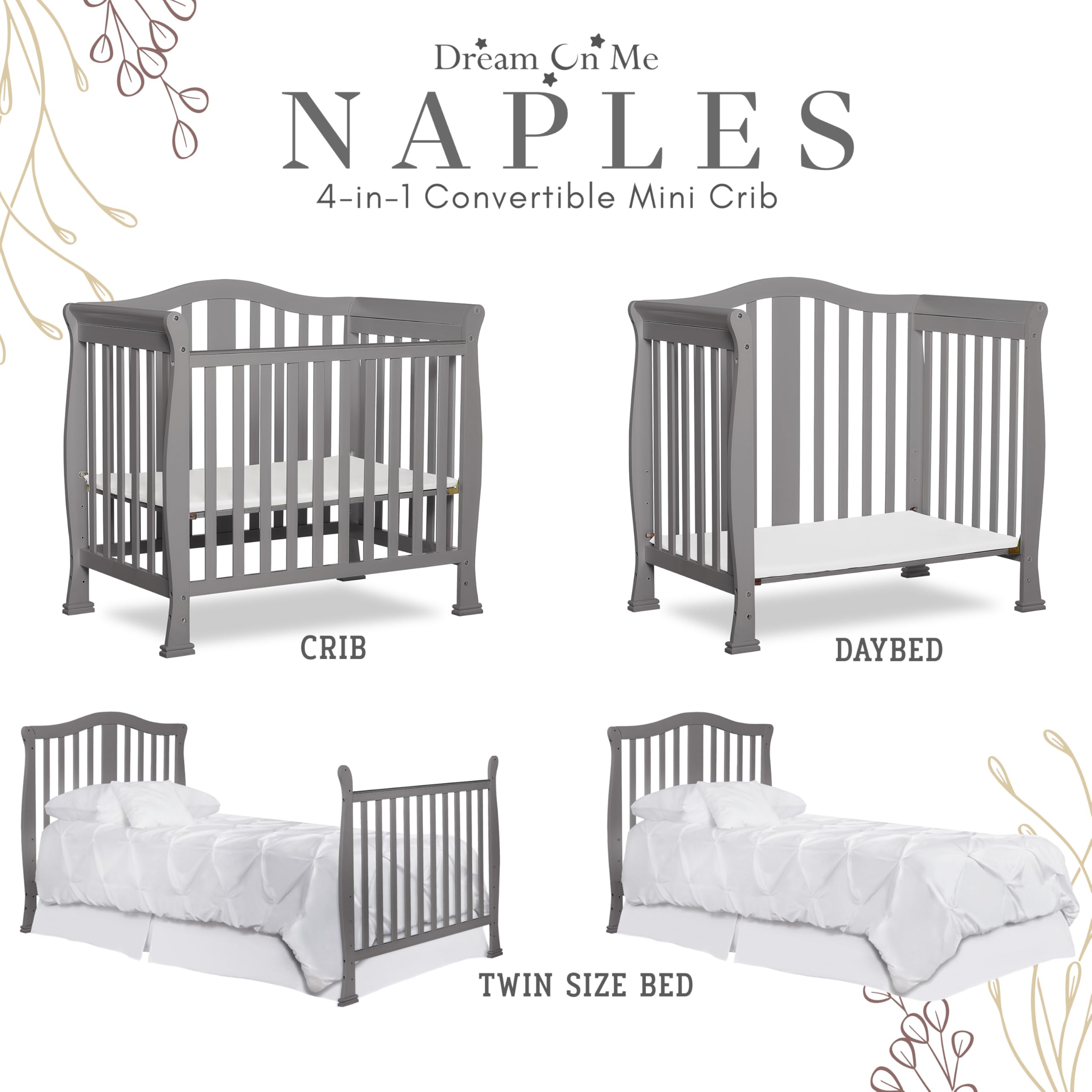 Dream On Me Addison 4-in-1 Convertible Mini Crib - Steel Grey | Greenguard Gold Certified | Non-Toxic New Zealand Pinewood | Includes 1