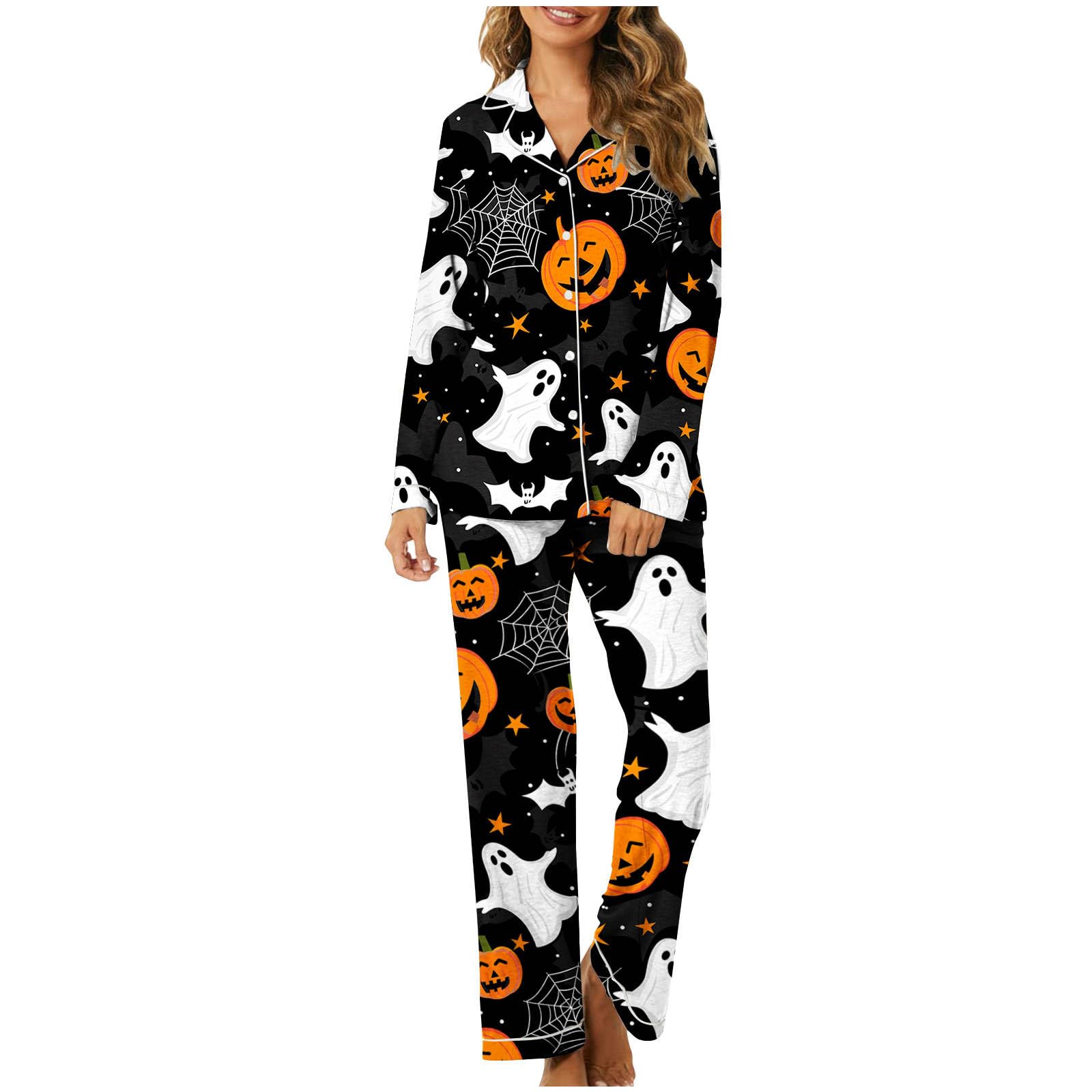 Women's Halloween Pajama Sets - Long Sleeve Button Down Collar Sleepwear with Pumpkin Print | Trendy & Comfy Lounge PJS for Fall Sleepovers, Spooky Movie Nights & Cozy Autumn Evenings