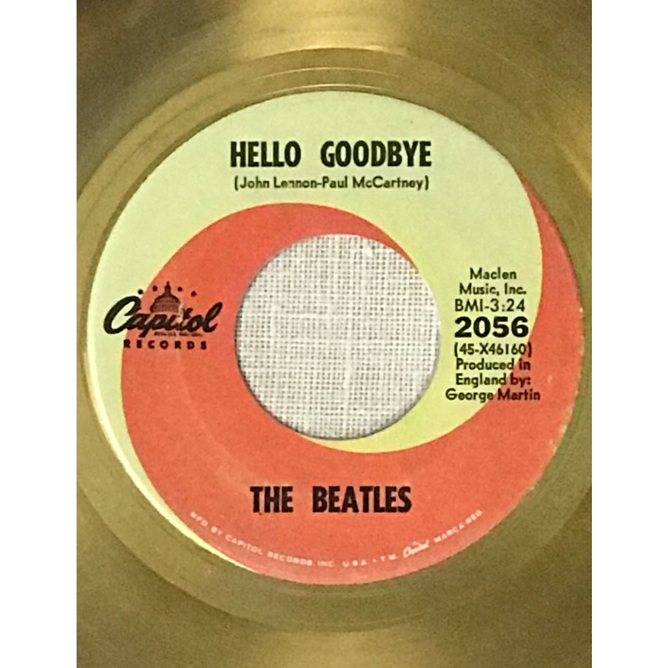 The Beatles Hello Goodbye RIAA Gold 45 Award - Rare Collectible Vinyl Record for Music Memorabilia & Beatles Fans - Perfect for Display in Home, Office or Music Studio