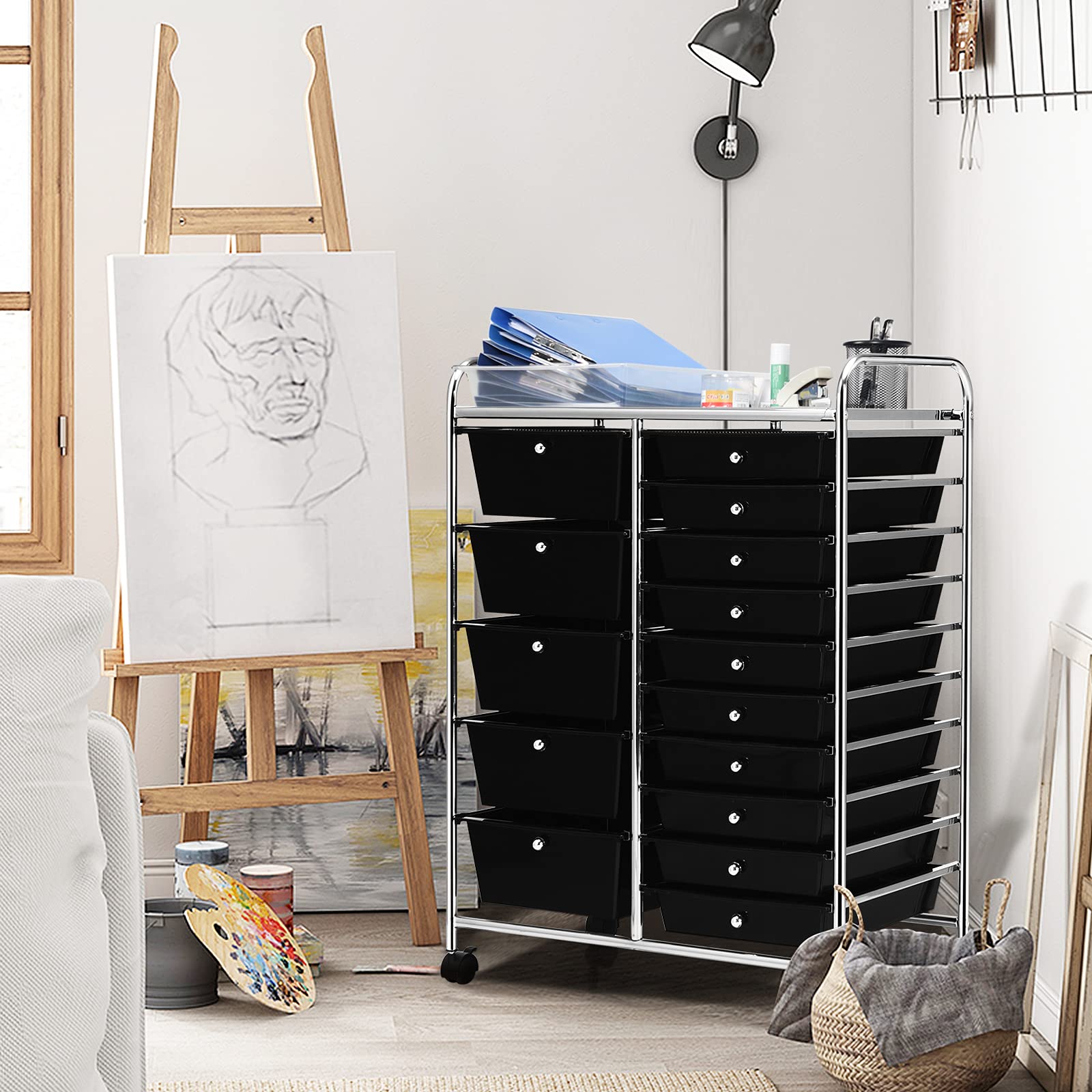 15-Tier Rolling Storage Cart with 4 Wheels - Moccha Drawer Organizer for Cosmetics, Office Supplies & Files - Perfect for Home, Studio & Office Organization - Black Storage Solution for Small Spaces