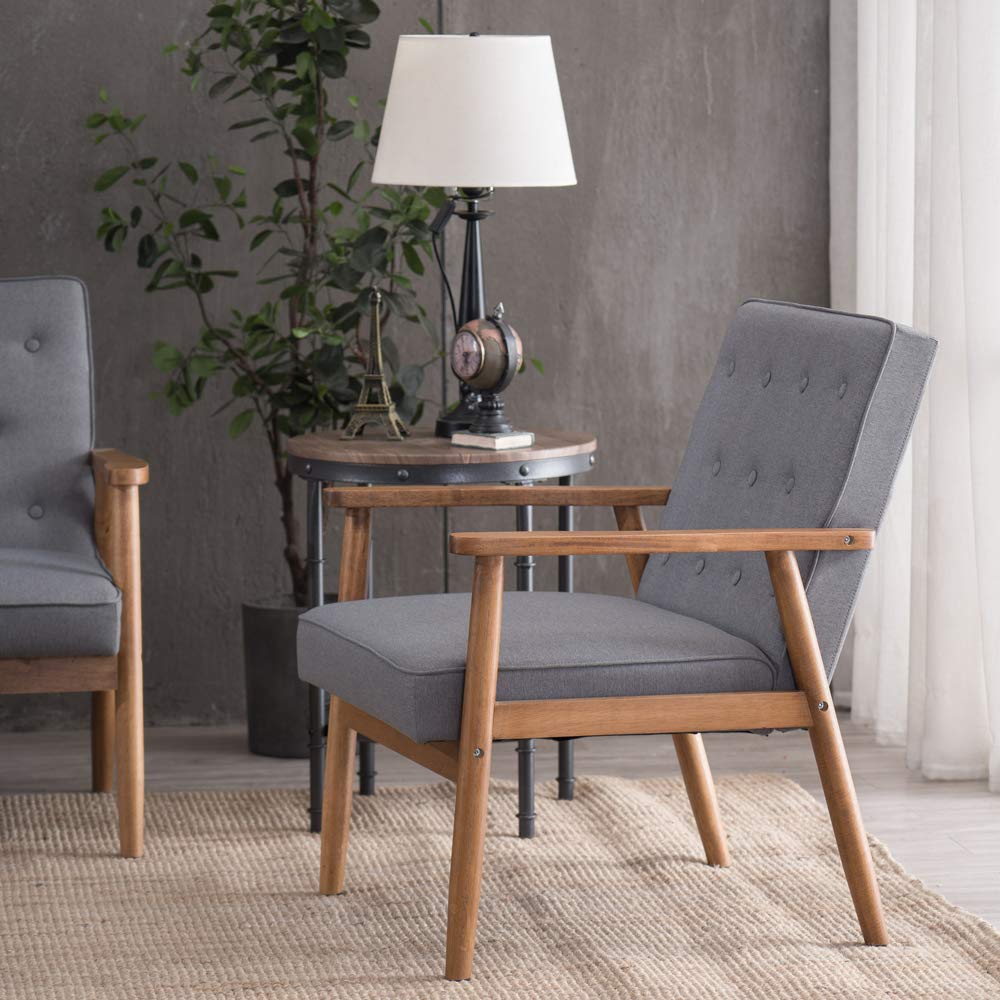 Modern Fabric Upholstered Arm Chair with Wooden Frame - Gray Lounge Chair for Living Room, Bedroom, or Office - Comfortable Single Sofa Chair for Relaxing and Reading