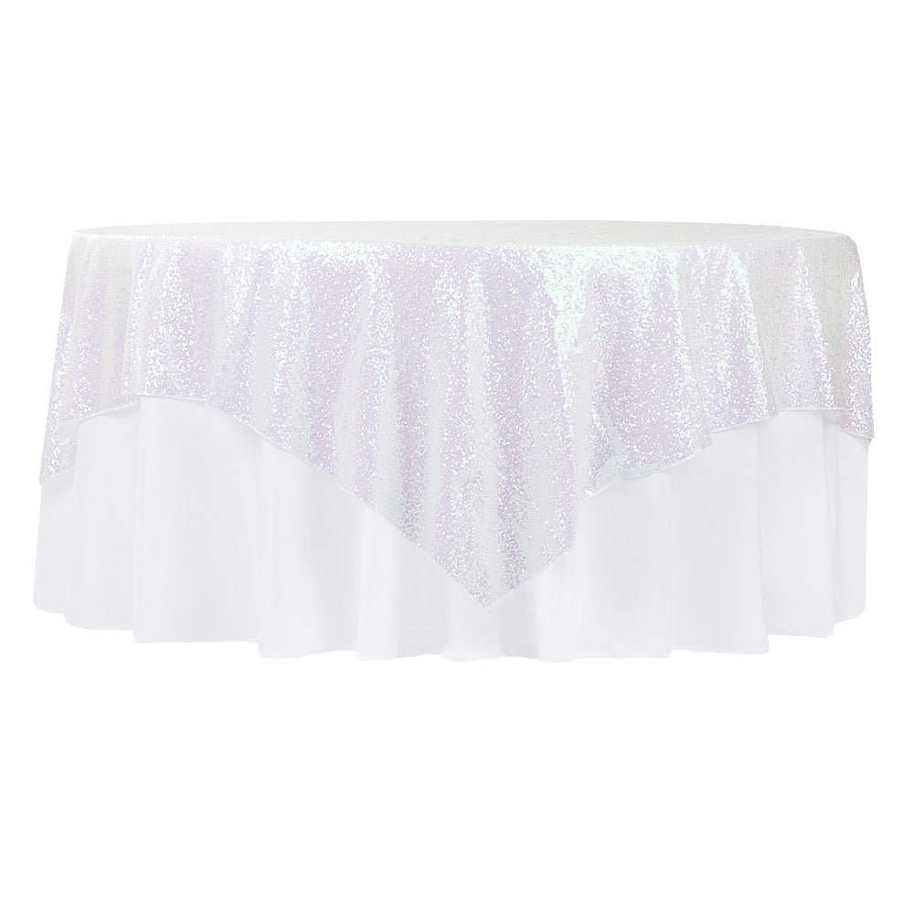 Glitz Sequin Table Overlay Topper 72x72 Square Iridescent White - Elegant Party Decor for Weddings, Birthdays & Special Events