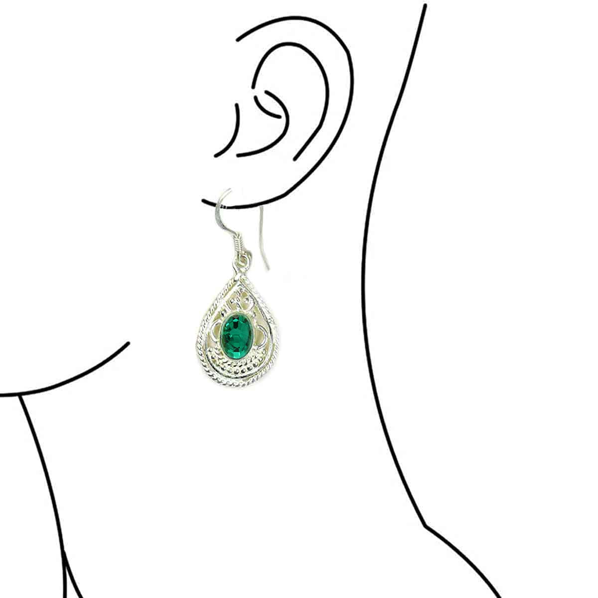 Created Emerald 925 Sterling Silver Green Dangle Earrings - Oval Shape Fish Hook Back Bezel Style Women's Jewelry for Party, Wedding & Evening Wear