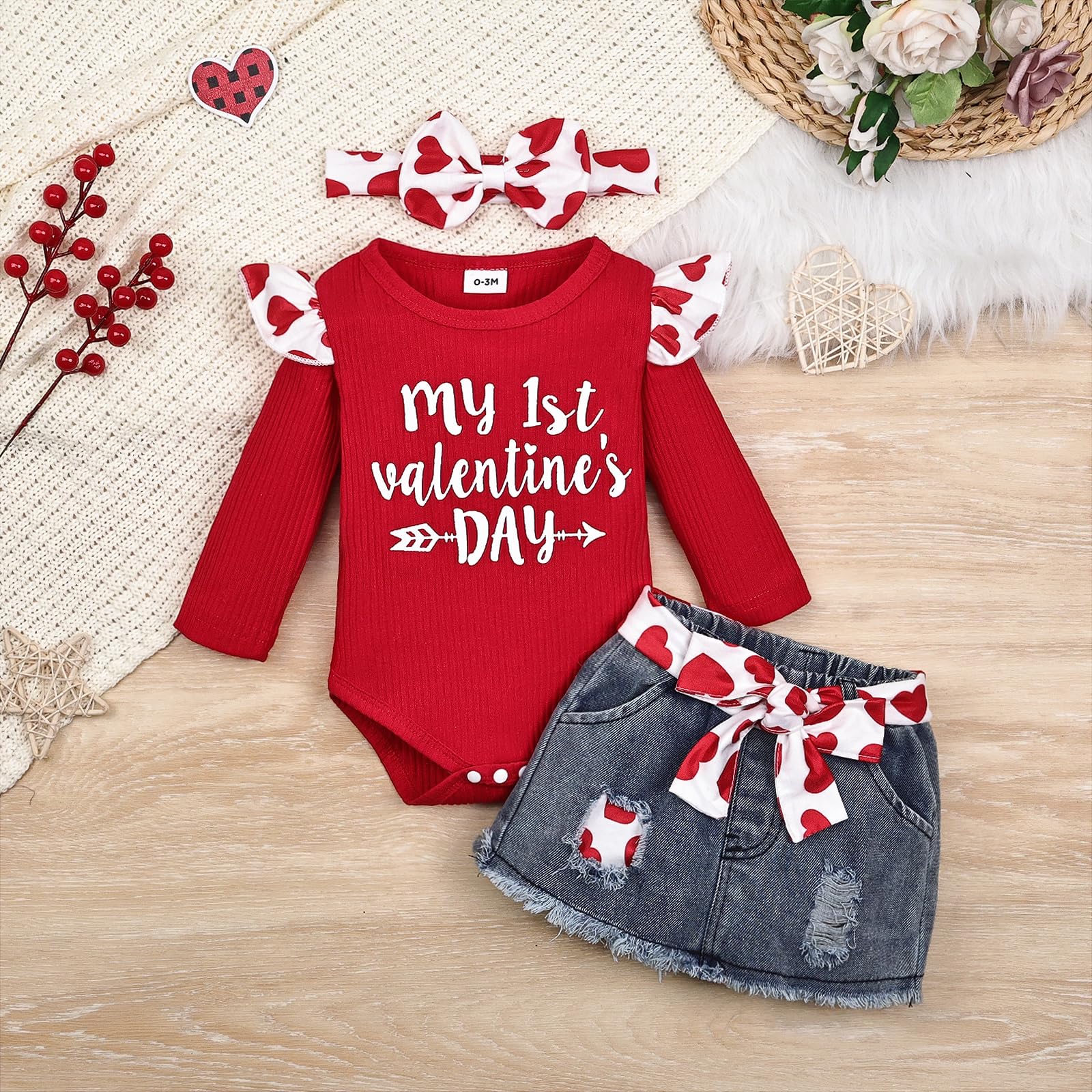 Valentine's Day Outfit for Baby Girls 0-18 Months - Cute Denim Skirt Set | Perfect for Valentine's Photos, Parties & Special Occasions