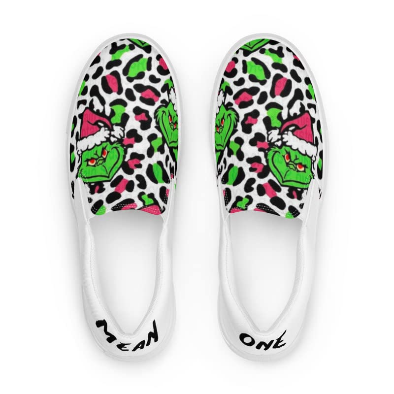 Women's Christmas Slip-On Canvas Shoes - Leopard Print & Pink Grinchy Holiday Footwear for Parties, Gifts & Festive Outfits