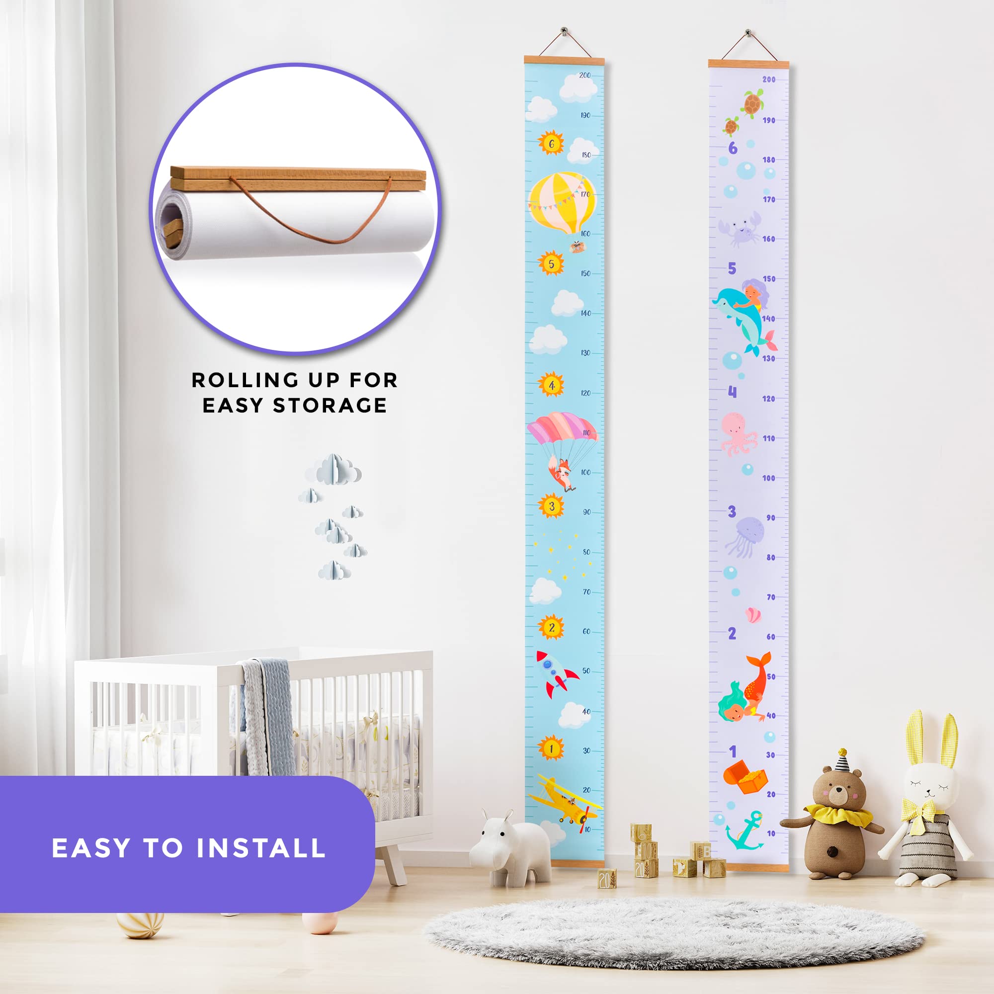 Seaworld Theme Kids Growth Chart - Wood Frame Removable Roll Up Canvas Height Measure for Nursery & Toddler Room Wall Decor - 7.9