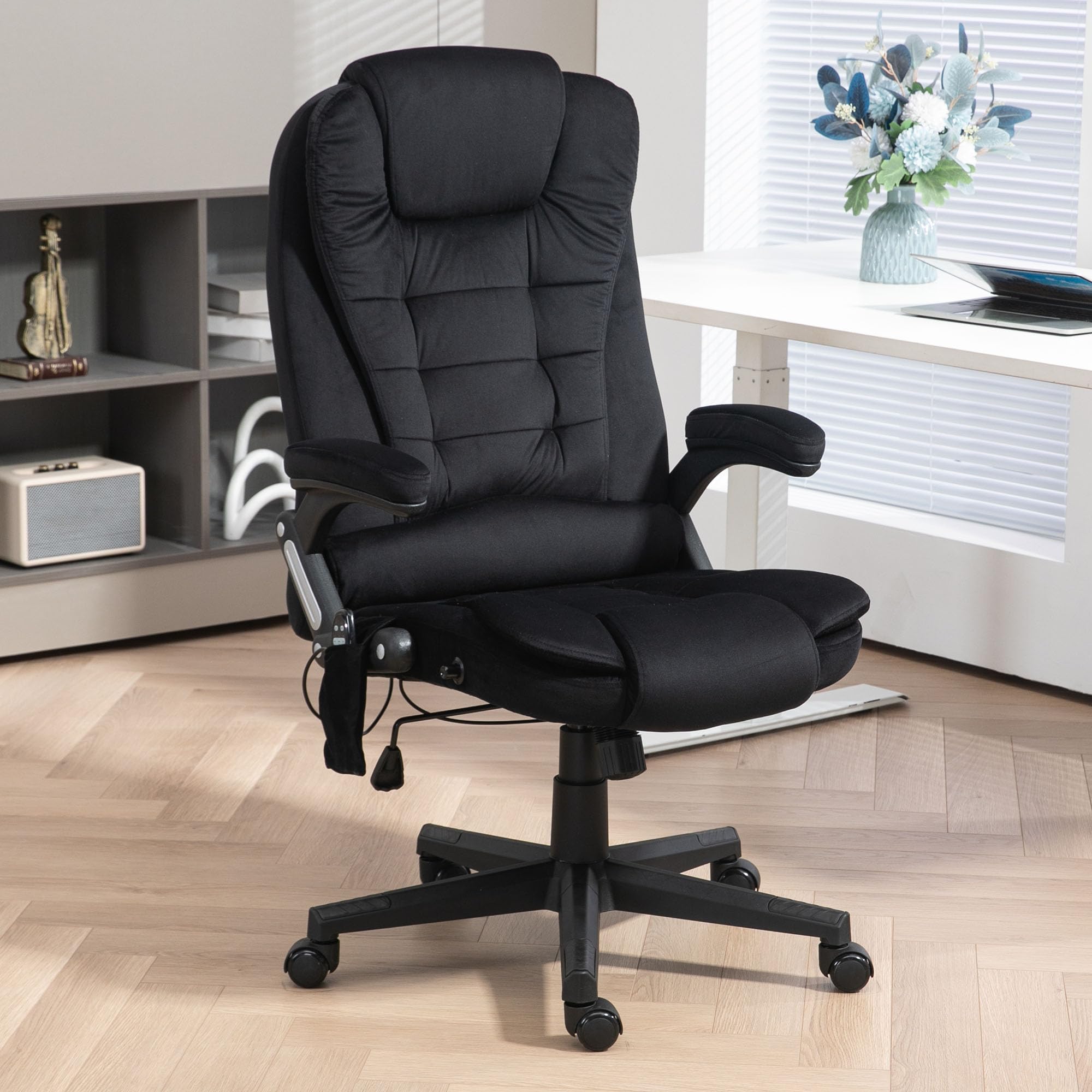 HOMCOM 6-Point Vibrating Massage Office Chair with Heating - High Back Executive Chair with Reclining Function, Padded Armrests & Remote Control - Velvet Upholstered Ergonomic Desk Chair for Home Office, Gaming & Relaxation - Black