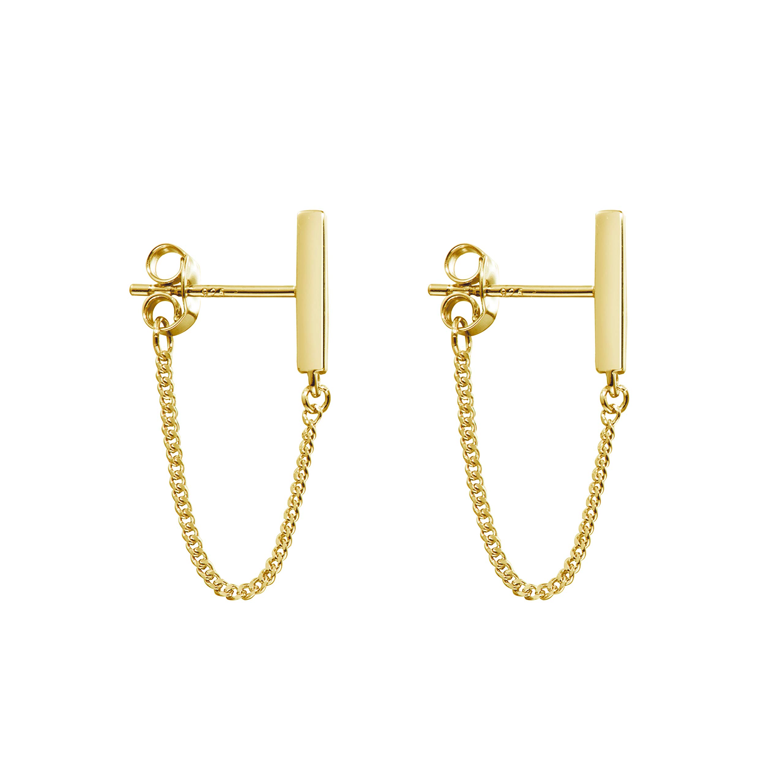 Hypoallergenic Gold Plated Bar Stud Earrings for Women & Men - 14K Gold Plated Sterling Silver Small Minimalist Chain Earrings - Perfect for Everyday Wear, Parties & Gifting