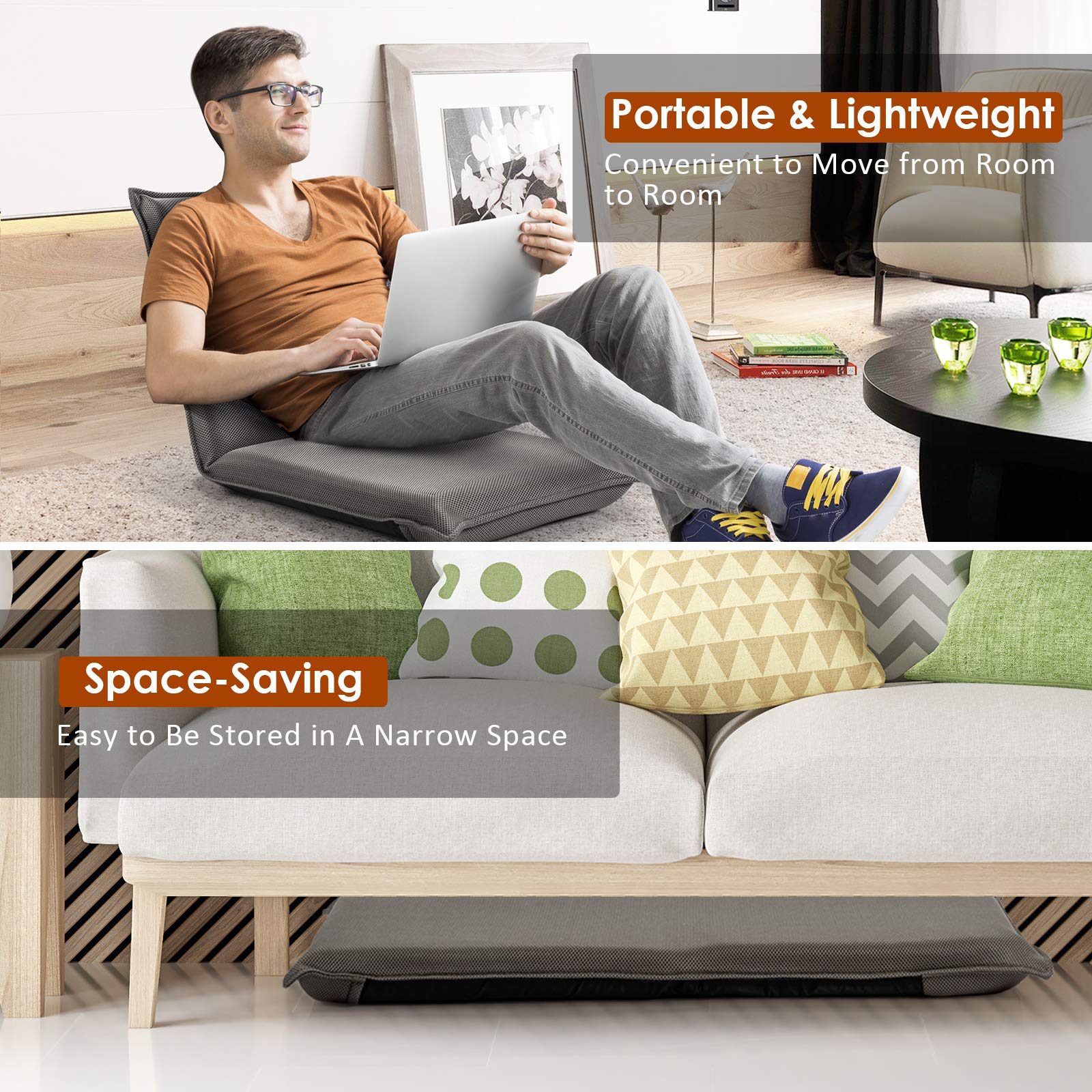 GOFLAME Adjustable Floor Chair - 6-Position Folding Padded Gaming Sofa Chair with Cushioned Back Support | Ergonomic Floor Seating for Gaming, Reading, Meditation & Relaxation | Perfect for Small Spaces, Dorm Rooms & Living Rooms (Grey)