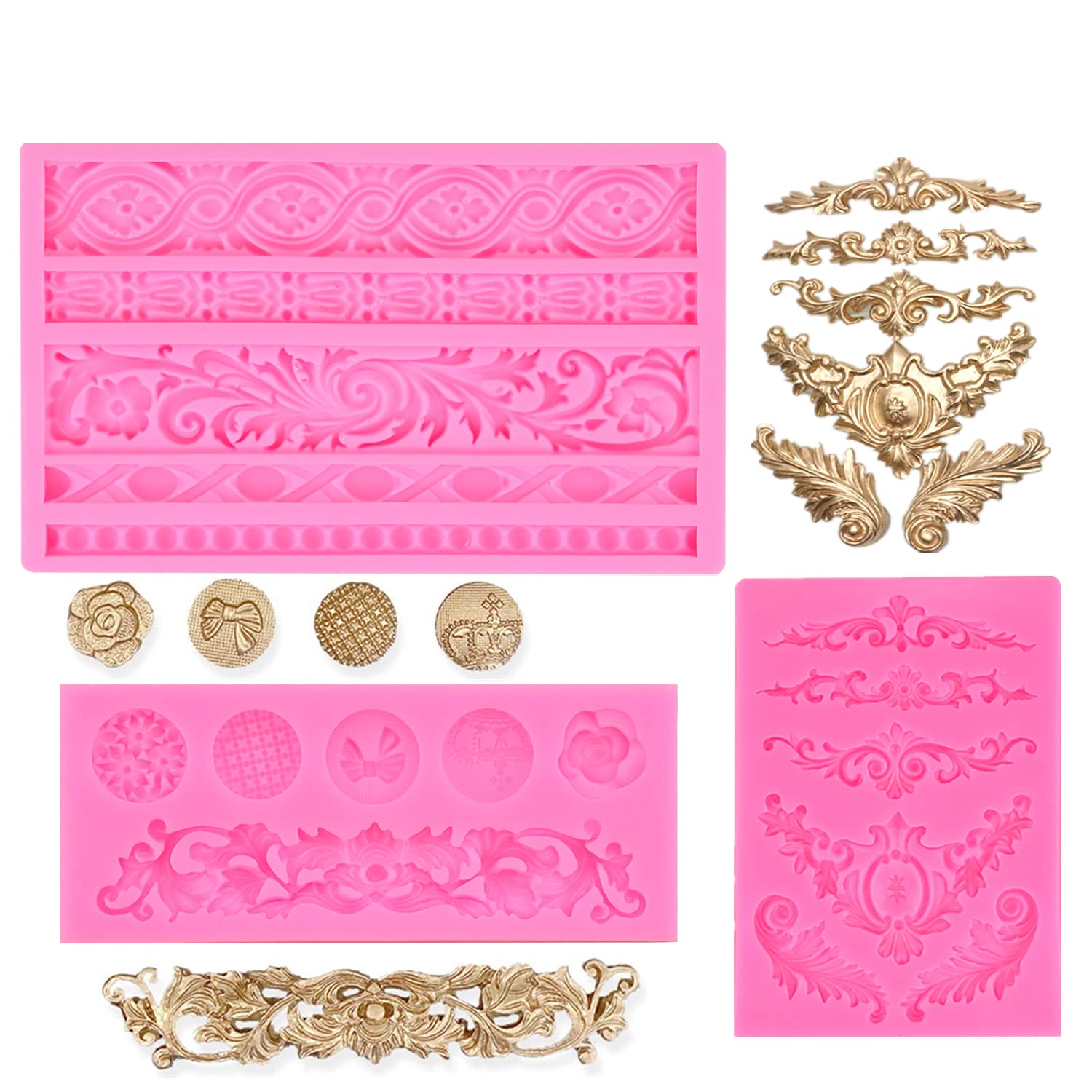 JOERSH 3Pcs Baroque Silicone Molds for Cake Decorating - Scroll Silicone Mold, Clay Molds, Fondant Molds, Chocolate Candy Molds - Perfect for Wedding, Birthday, DIY Baking & Dessert Decoration