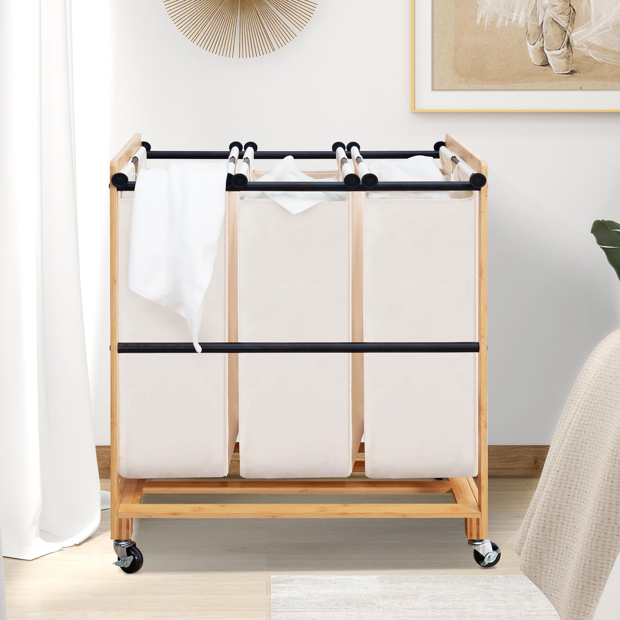 STO 3-Section Laundry Sorter with Bamboo Frame - Rolling Laundry Hamper Cart with Lockable Wheels & Removable Bags for Clothes Storage - Perfect for Laundry Room, Bedroom, Dorm or Apartment - Beige