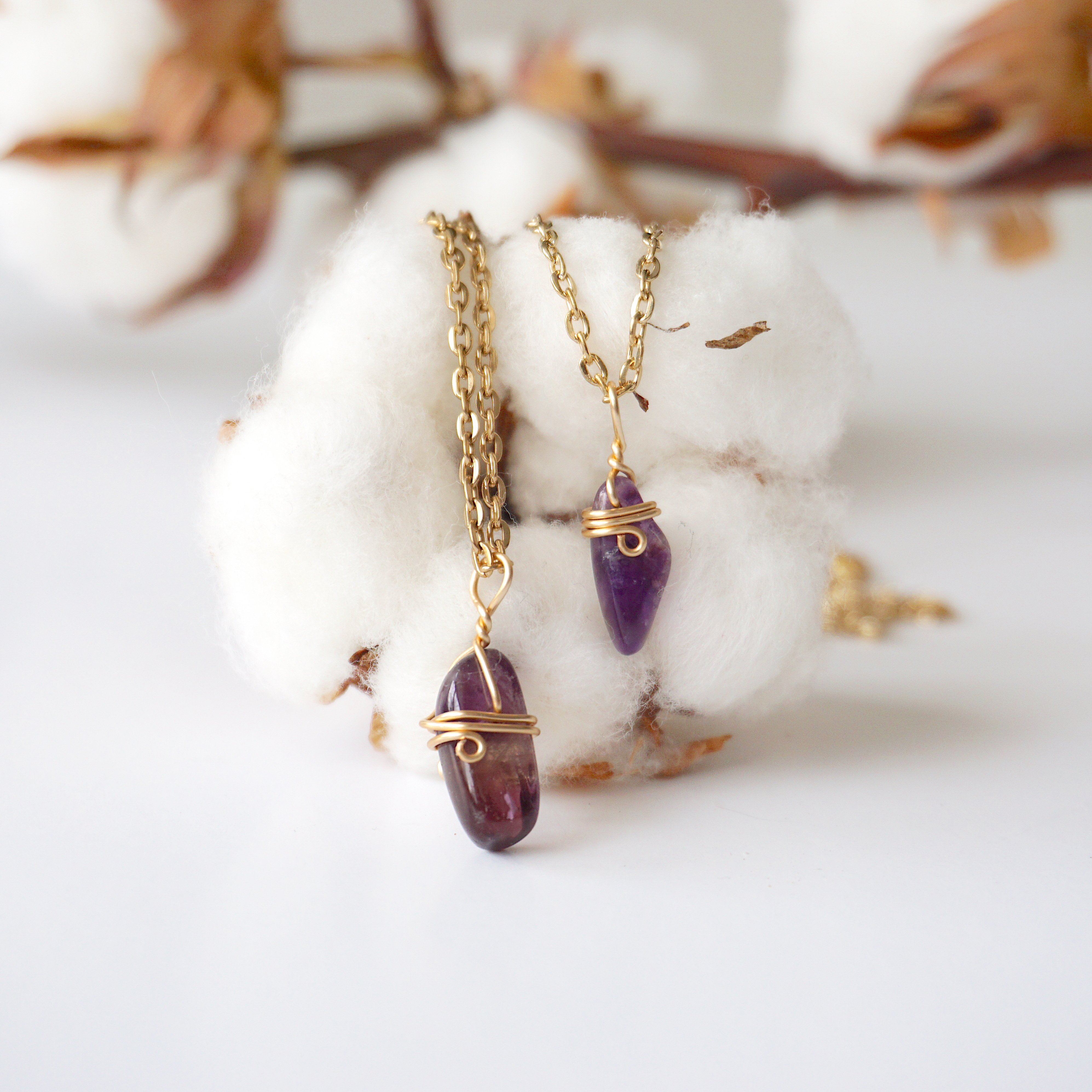 Amethyst Necklace - Gold Plated Brass Wrapped Charm Pendant Jewelry for Women - Perfect for Gifts, Meditation & Spiritual Healing