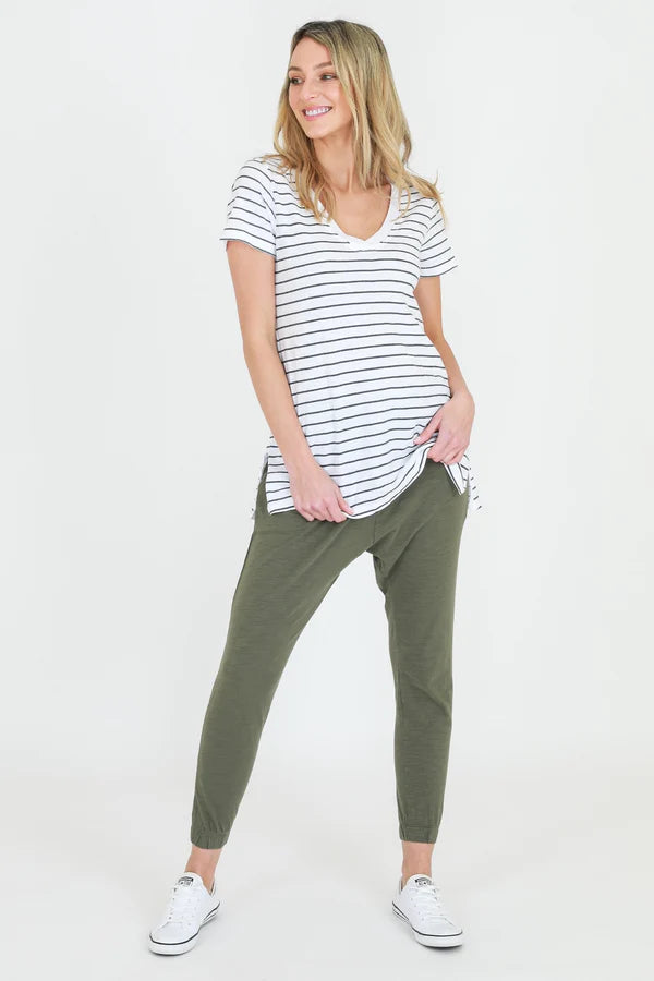 Frankie V Neck Tee for Women - Navy & White Striped Cotton T-Shirt - Casual Summer Top for Everyday Wear, Outings & Layering