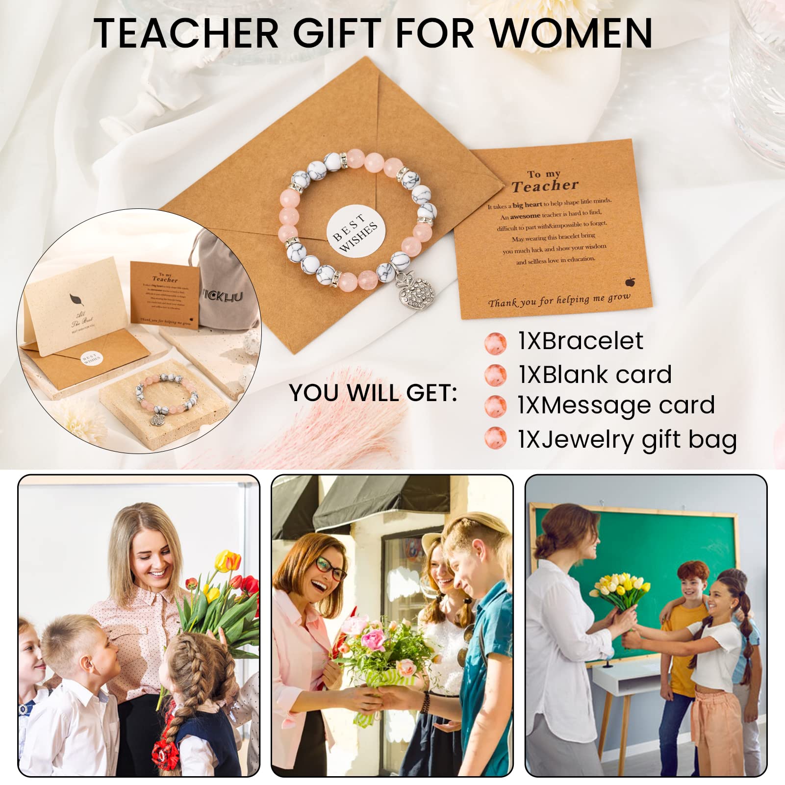 Natural Stone Teacher Appreciation Bracelet for Women - Meaningful Thank You Gift with Message Card - Perfect for Teacher's Day, Retirement, Christmas & End of Year Gifts