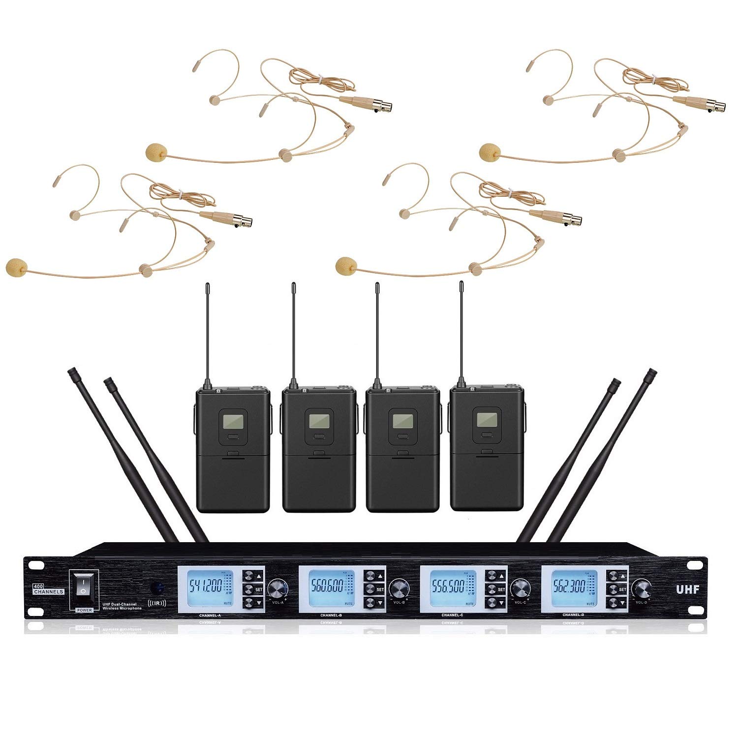 4 Channel Wireless UHF Headset Microphone System - Professional Rack Mountable Mic Set for Church, Theater, Actors & Live Performances | Perfect for Worship Services, Stage Shows, and Public Speaking Events