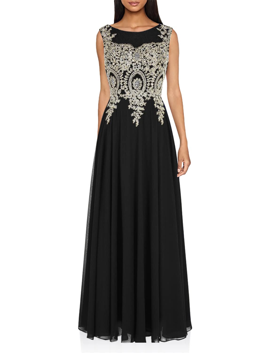 Lemai Crystals Gold Lace Chiffon A-Line Sheer Back Formal Long Prom Evening Dresses for Women - Elegant Gown for Wedding, Homecoming, Ball & Special Occasions