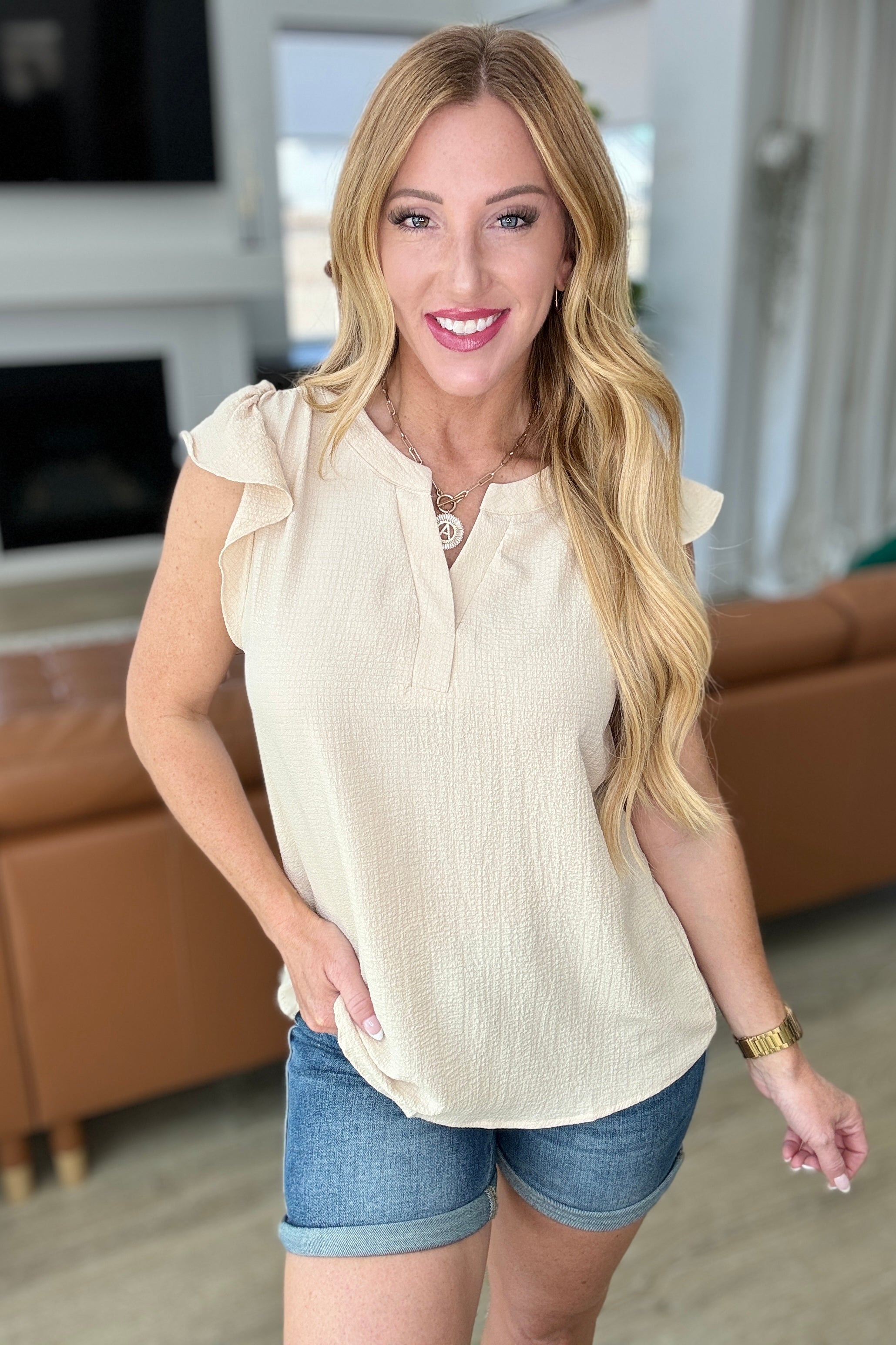 Crinkle Split Neckline Flutter Sleeve Top in Taupe - Women's Fashion Blouse for Casual Wear, Date Night & Office Outfits
