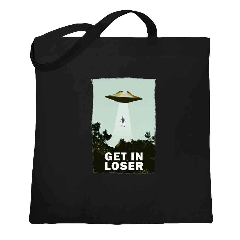 Funny UFO Abduction Tote Bag - 'Get In Loser I Want To Believe' Pop Culture Canvas Shopping Bag - Perfect for Groceries, Beach Trips & Alien Enthusiasts