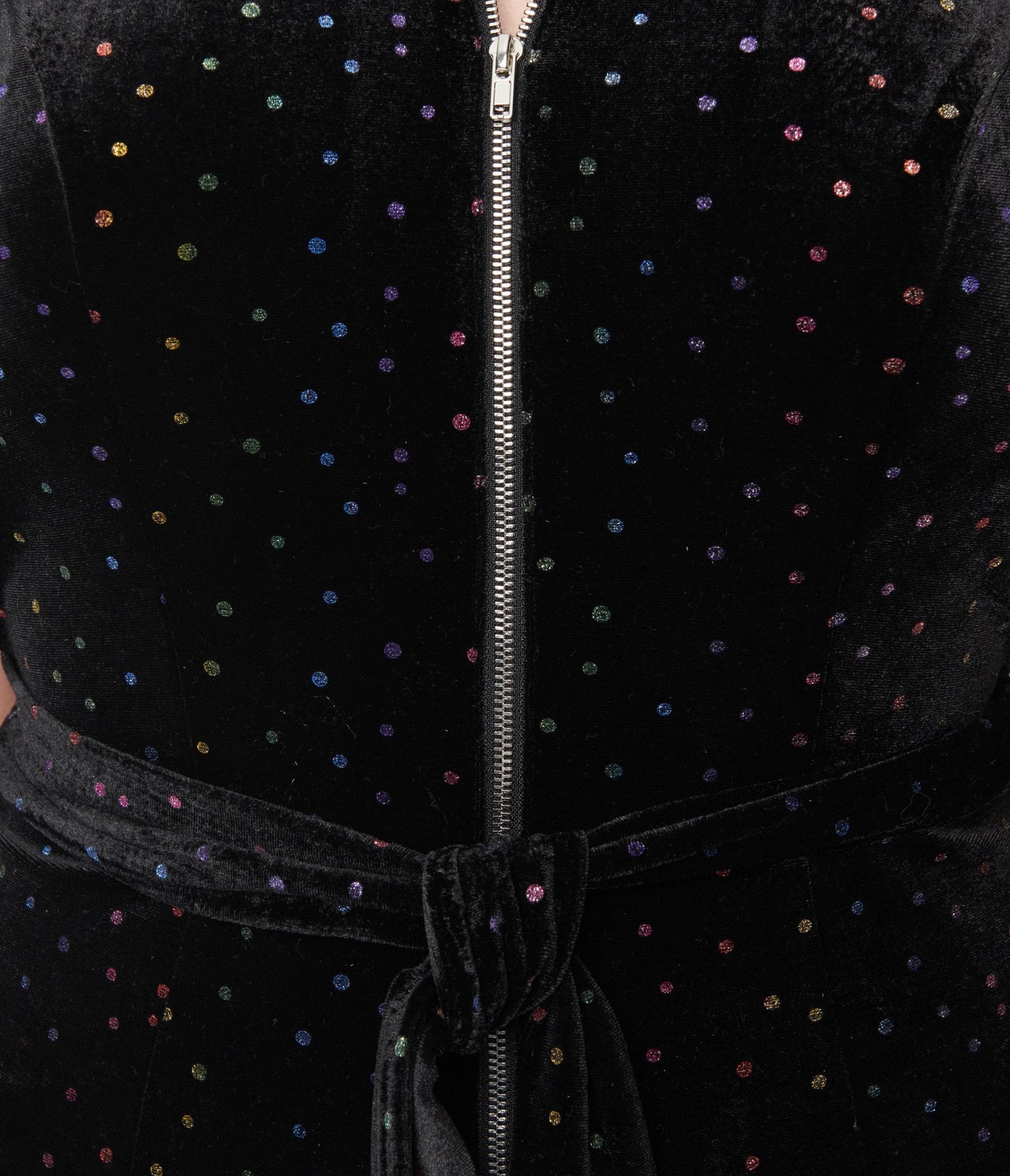 Smak Parlour 1970s Black Velvet & Rainbow Glitter Polka Dots Halter Jumpsuit - Retro Disco Party Outfit for Women, Halloween Costume, Vintage Fashion Statement