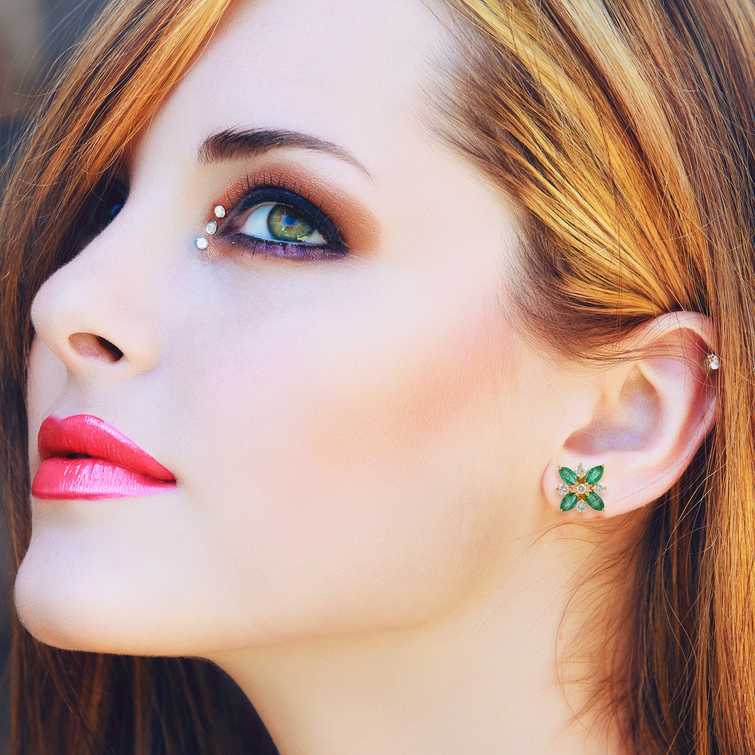 Exquisite Marquise Cut Emerald & Rose Cut Diamond Stud Earrings in 14K Yellow Gold | Vintage Inspired Fine Jewelry for Women | Perfect for Weddings, Anniversaries & Special Occasions