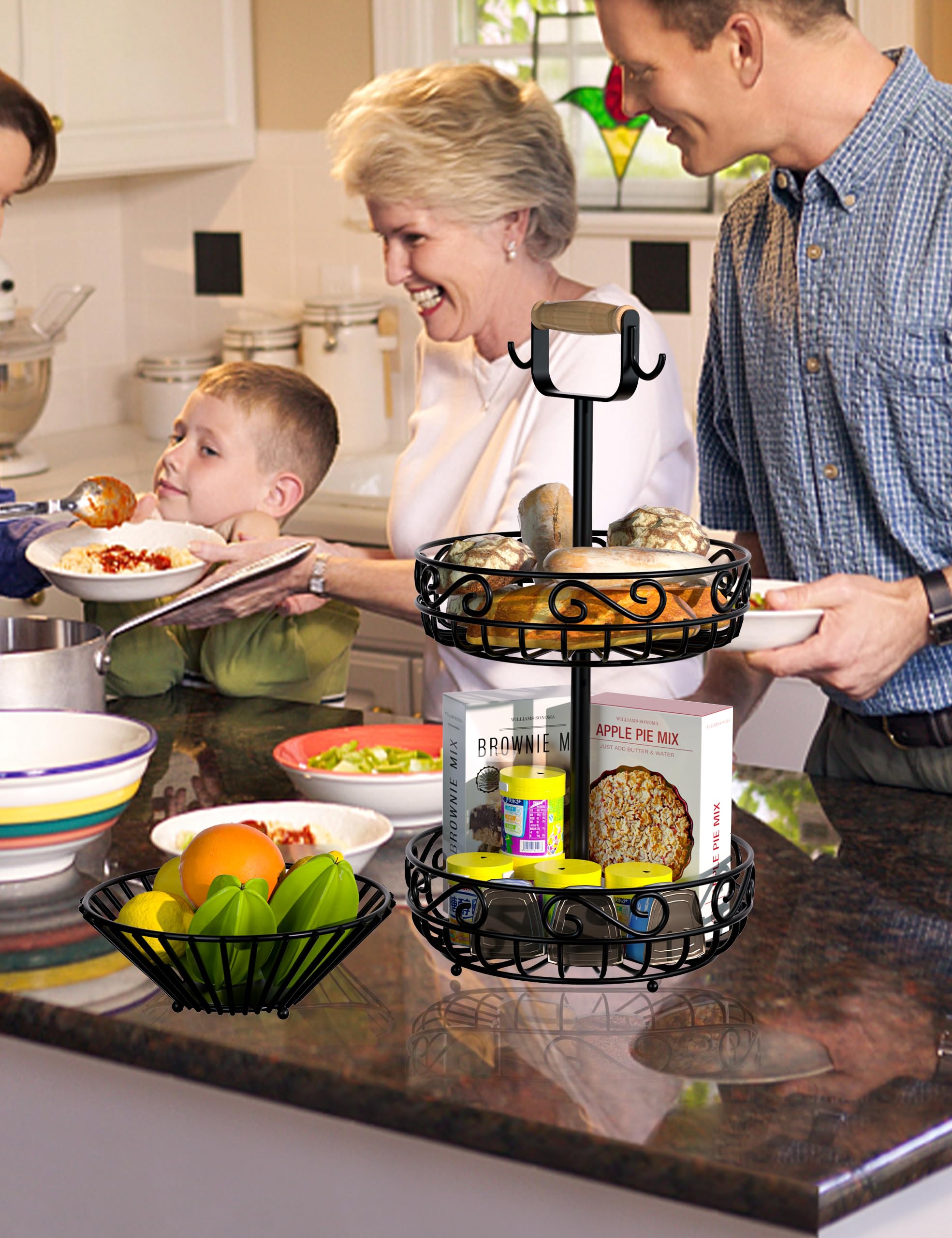 2-Tier Bamboo Fruit and Vegetable Basket with Banana Hanger & Wood Handle - Kitchen Counter Storage for Bread, Onions, Potatoes, Produce - Perfect for Organizing Fruits, Veggies in Pantry or Dining Room