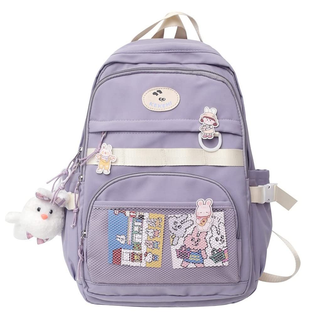 Cute Large Capacity Girls School Backpack - Lightweight Laptop Travel Bag for Schoolgirls with Pendant (Purple, 11.8x5.1x16.9 inches) - Perfect for School, College, Travel & Daily Use