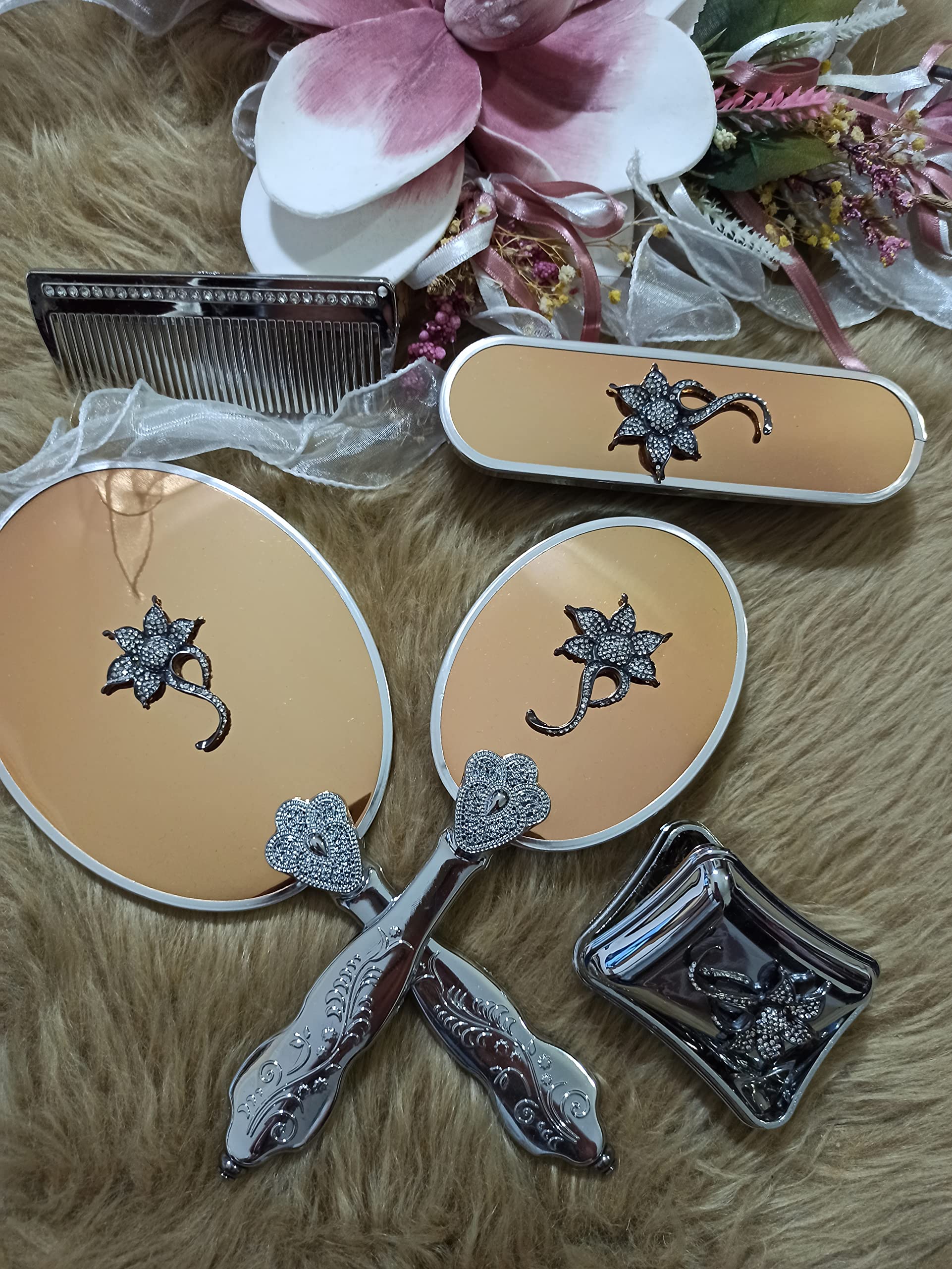 Vintage Gold Vanity Mirror & Comb Set for Makeup & Hair Styling