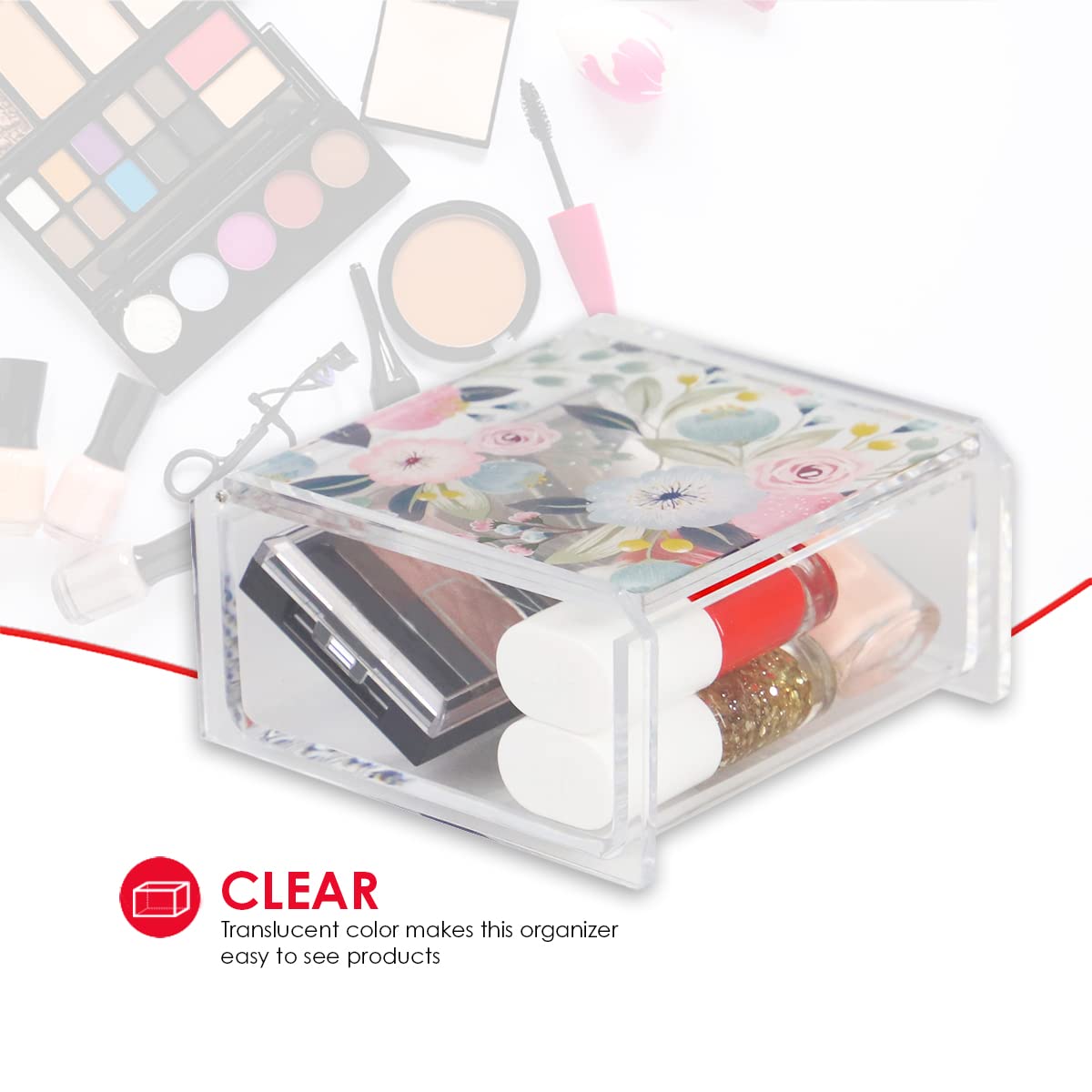 Floral Print Small Plastic Storage Box with Hinged Lid - Cosmetic & Jewelry Organizer for Nail Polish, Eyeshadow & Accessories | Perfect for Bedroom, Bathroom Vanity & Cabinet Organization
