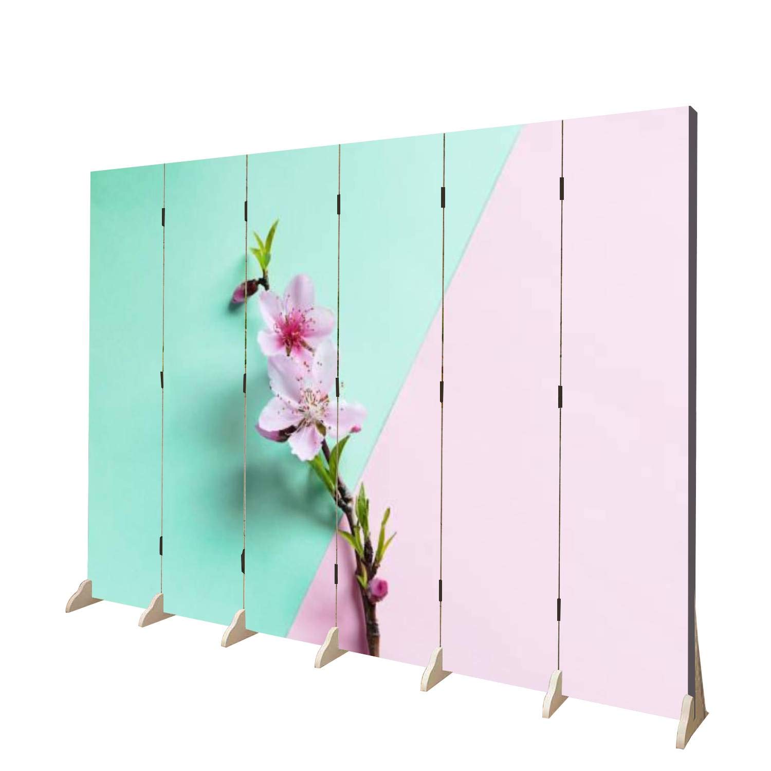 6-Panel Wooden Room Divider with Blossom Peach Branch Design - Pink & Green Canvas Folding Privacy Screen, Dual-Sided Wall Partition for Home Decor, Office Space Divider | Perfect for Living Rooms, Bedrooms & Studio Spaces